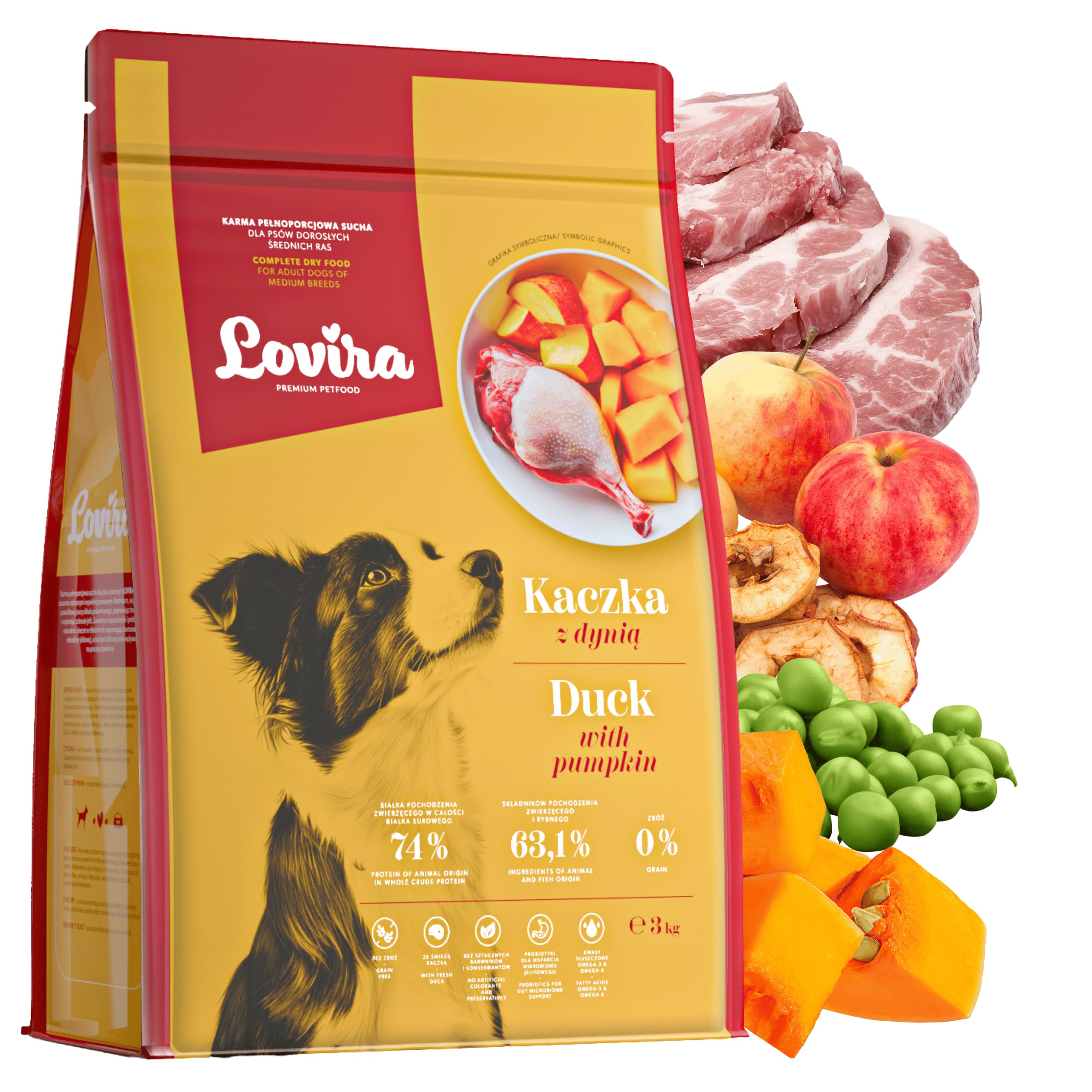 Lovira - Hundefutter Trocken - Trockenfutter für Hunde - Getreidefrei, mit hohem Fleischanteil 50% Ente - mit Kürbis, Kräuter & Gemüse - Hundetrockenfutter Sensitiv - Erwachsene Hunde - 3 x 3kg