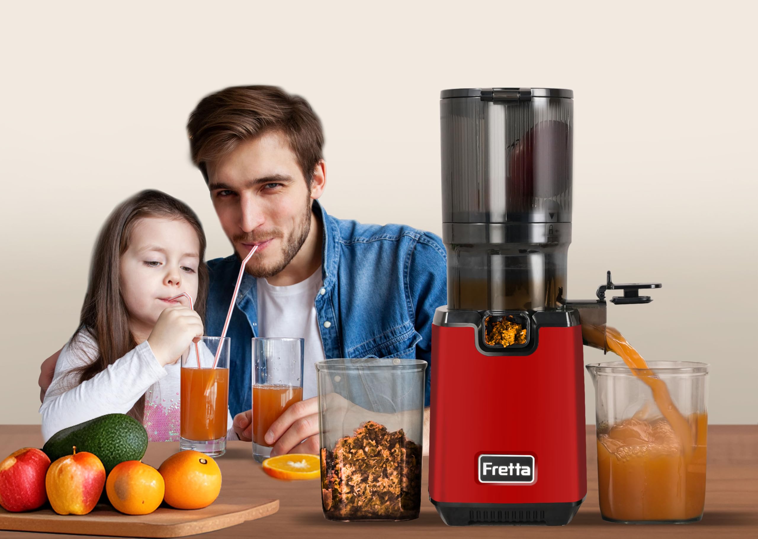 Fretta extractor de zumos y verduras,Exprimidor de Frutas y Verduras de 1,8 Litros con Triple Filtro,250W,fácil de instalar,desmontar y limpiar,Base de acero inoxidable (Rojo Puro)