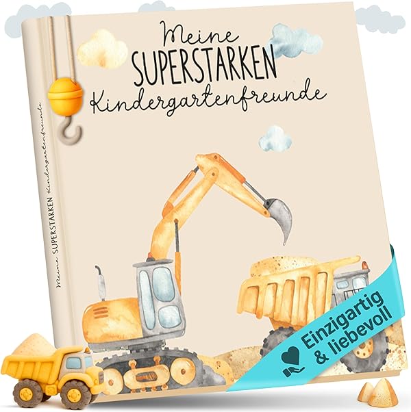 lila liebt dich® Freundebuch Kindergarten Bagger I Kindergarten Freundebuch Jungs - Kindgerecht mit Kreativseite, Geburtstagsliste & mehr I Liebevoll gestaltetes Kindergartenfreundebuch Jungen
