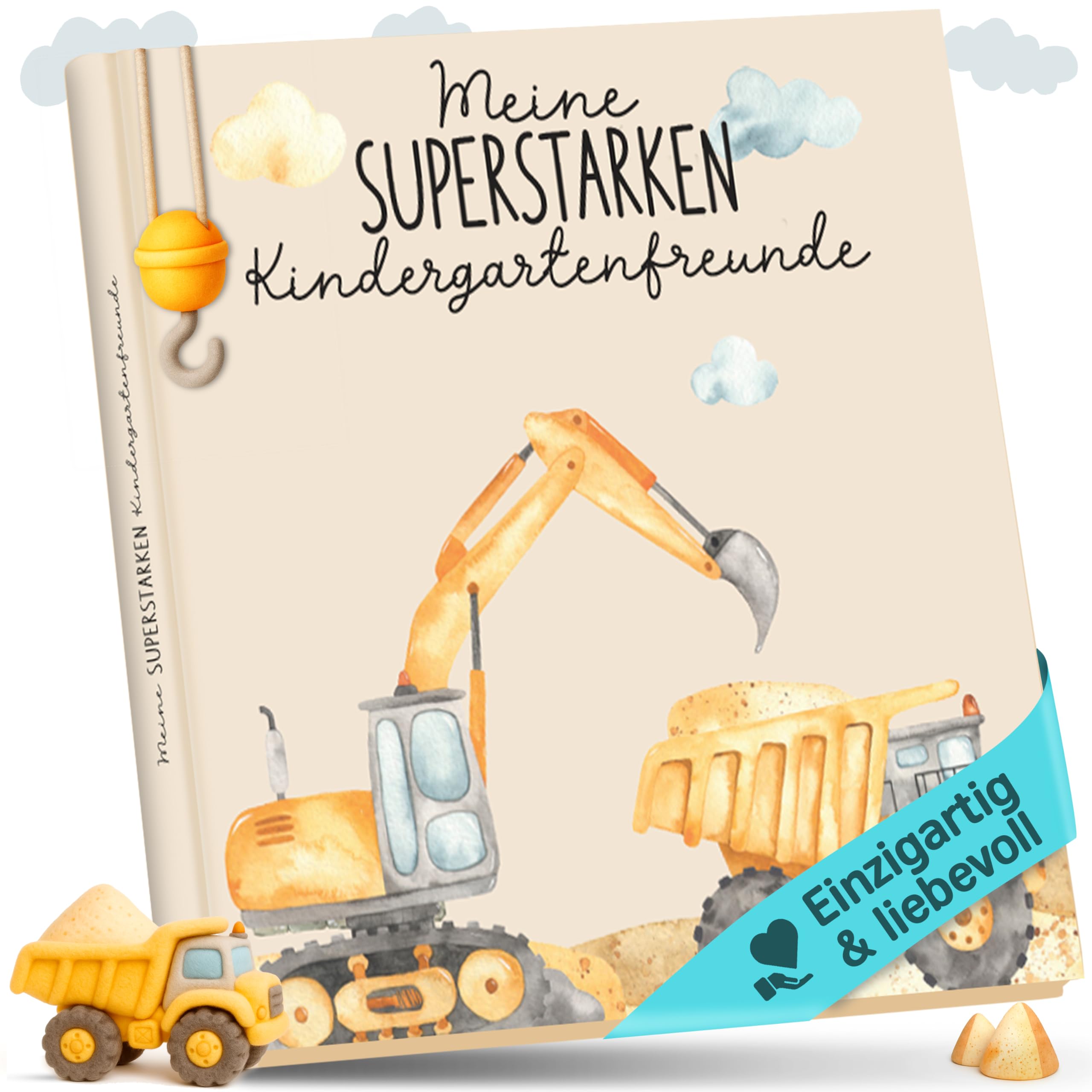lila liebt dich® Freundebuch Kindergarten Bagger I Kindergarten Freundebuch Jungs - Kindgerecht mit Kreativseite, Geburtstagsliste & mehr I Liebevoll gestaltetes Kindergartenfreundebuch Jungen