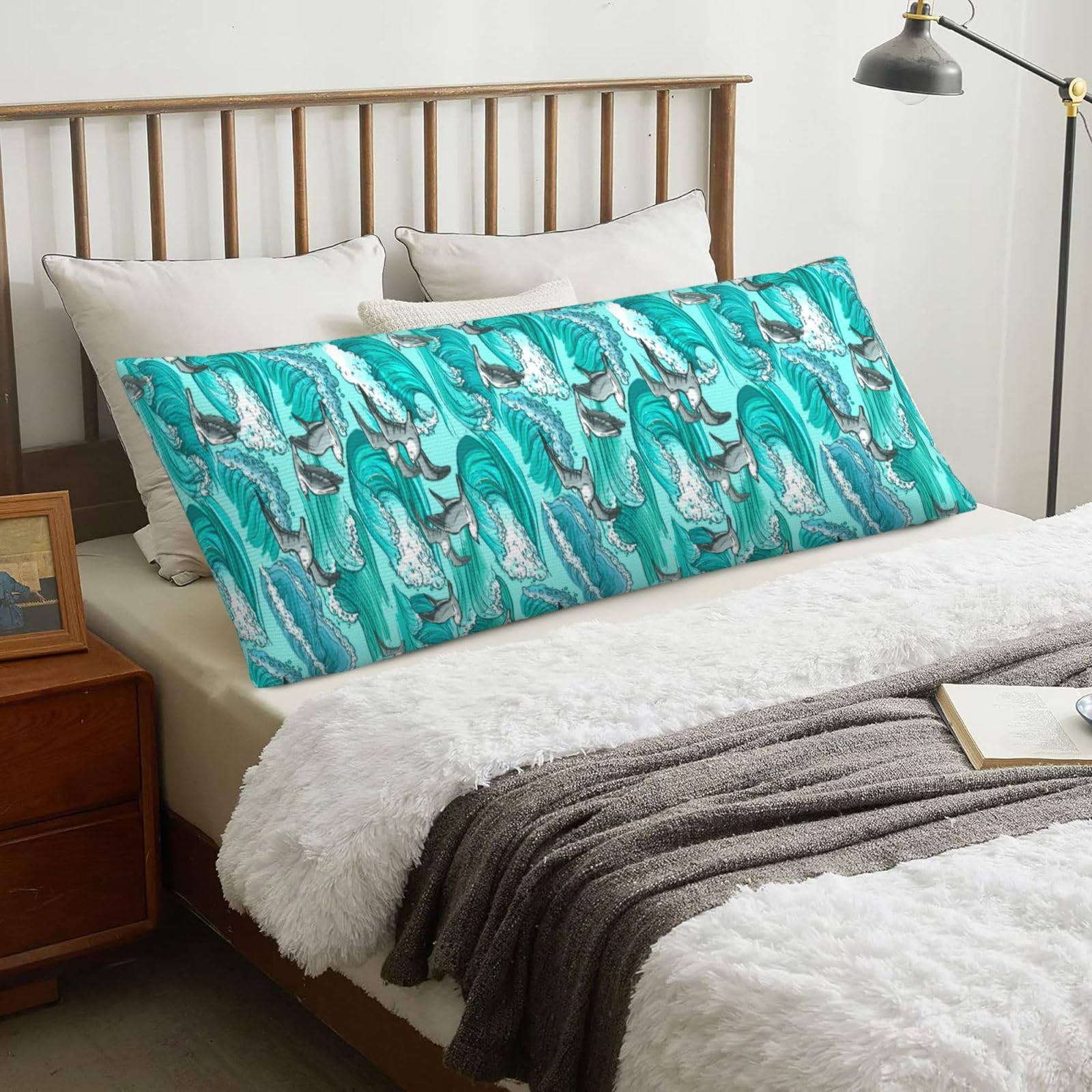 Waves Sketch Seagull Birds, Body Pillow Cover with Zipper,Long Body Pillowcase 20 x 60 in