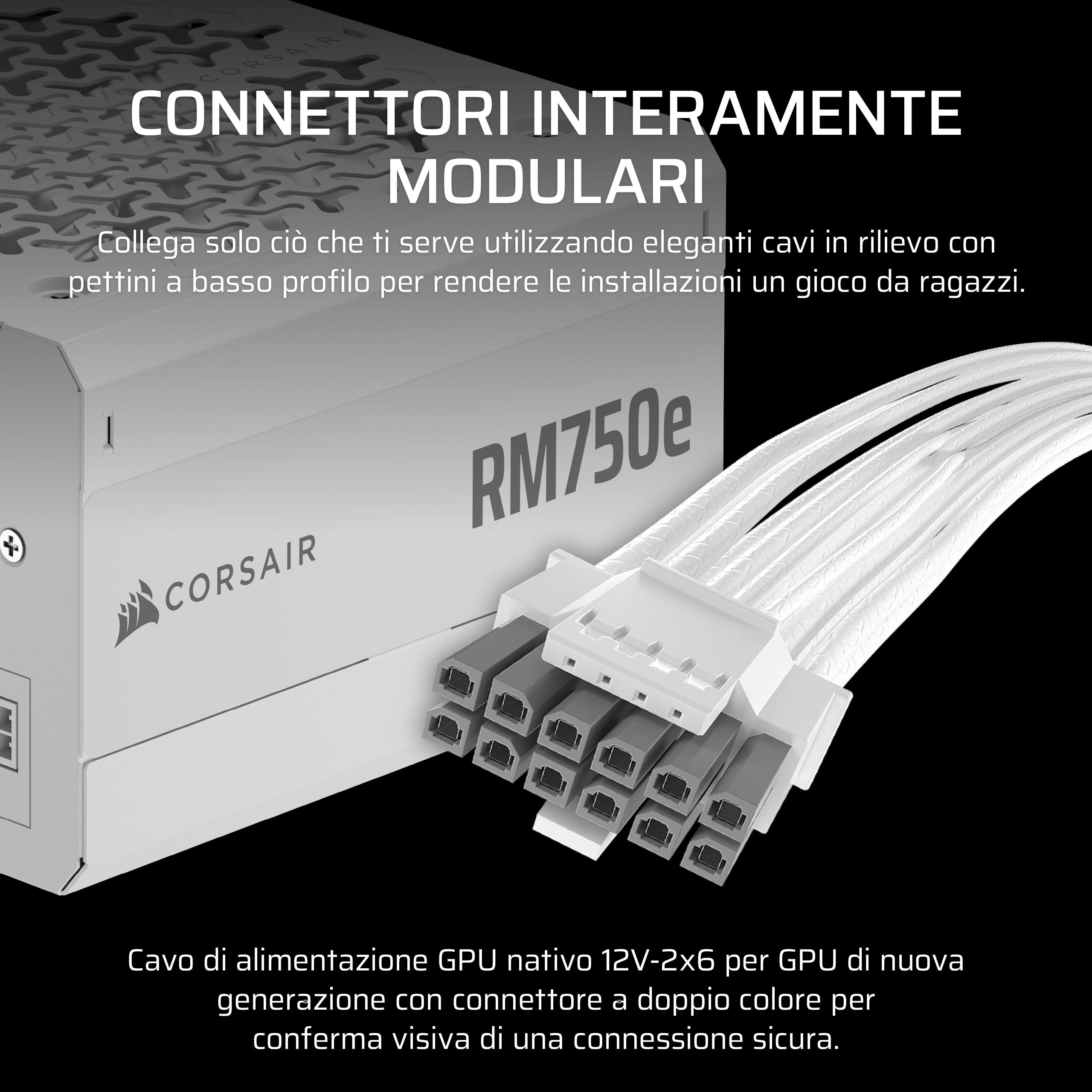 CORSAIR RM750e (2025) Alimentatore ATX Completamente Modulare a Basso Rumore con Cavo 12V-2x6 – Compatibile con ATX 3.1 e PCIe 5.1, Efficienza Cybenetics Gold, Condensatori a 105°C – Bianco