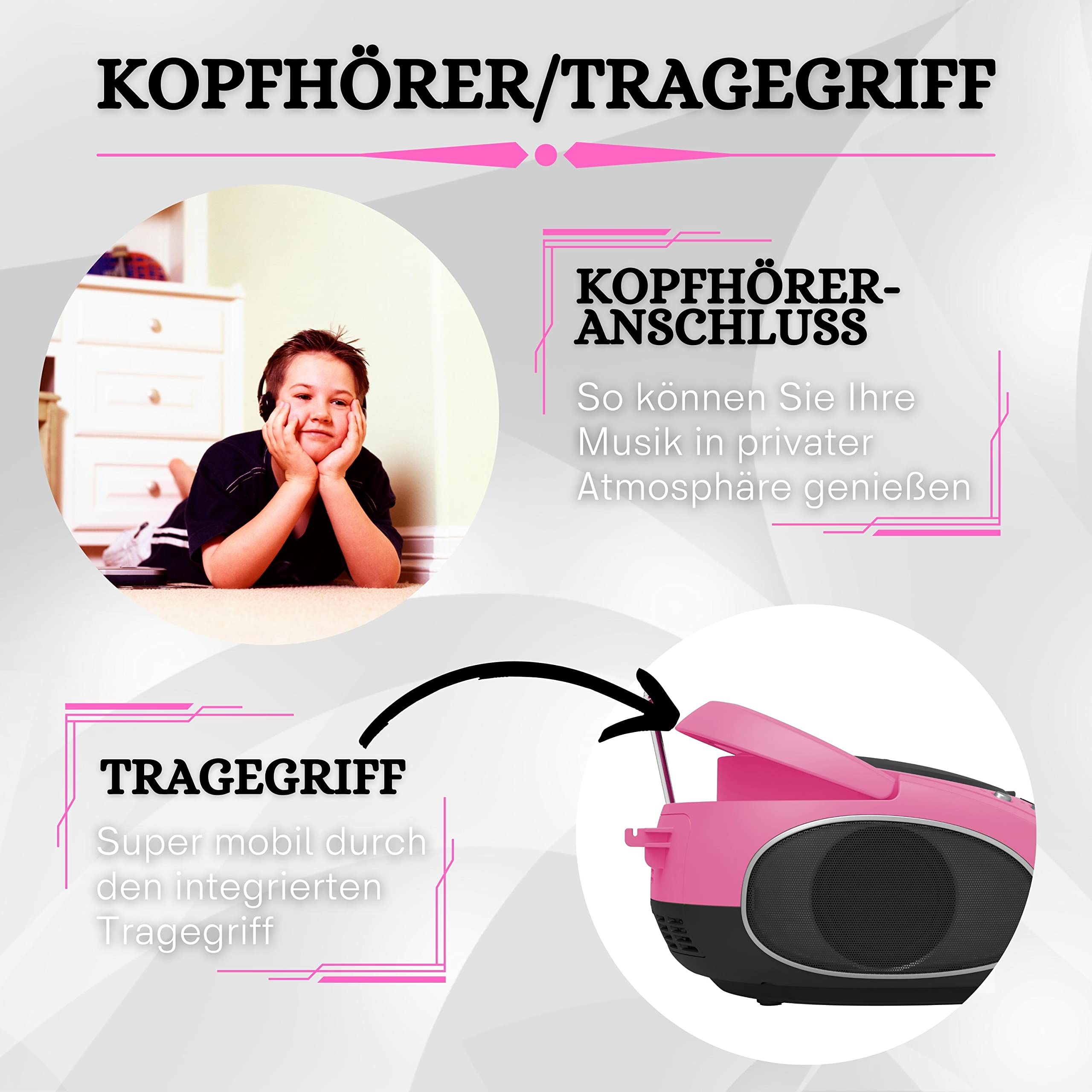 Tragbare Boombox | CD/CD-R | USB | FM Radio | AUX-In | Kopfhöreranschluss | CD-Player | Kinder Radio | Boombox | CD-Radio | Stereoanlage | Kompaktanlage (Pretty Pink)