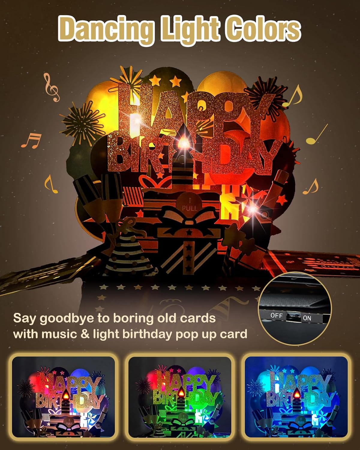 FaCraft Birthday Cards - Pull Out Music and Light ＆ Blowable Cake Pop Up Happy Birthday Cards with Envelope and Blank Insert for Women Men Kids Girls Sister (ELegant Black and Gold) - Image 2