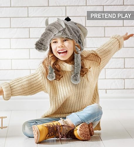 Miniatura 7 de DolliBu Sombrero de peluche de elefante gris, sombrero súper suave y cálido con orejeras, divertido sombrero loco de fiesta de felpa, sombrero de