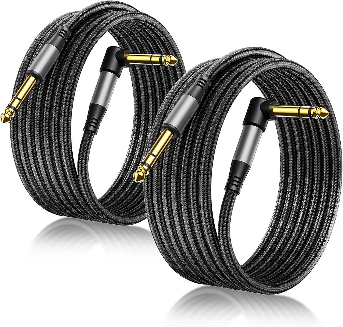 Aqdocvf Paquete de 2 cables TRS premium de 1/4 de pulgada, 10 pies, cable de guitarra en ángulo recto | Cable TRS estéreo profesional de larga duración, sin ruido, de 6,35 mm, línea equilibrada para guitarra eléctrica, mezclador, monitor de estudio, amplificador y altavoz