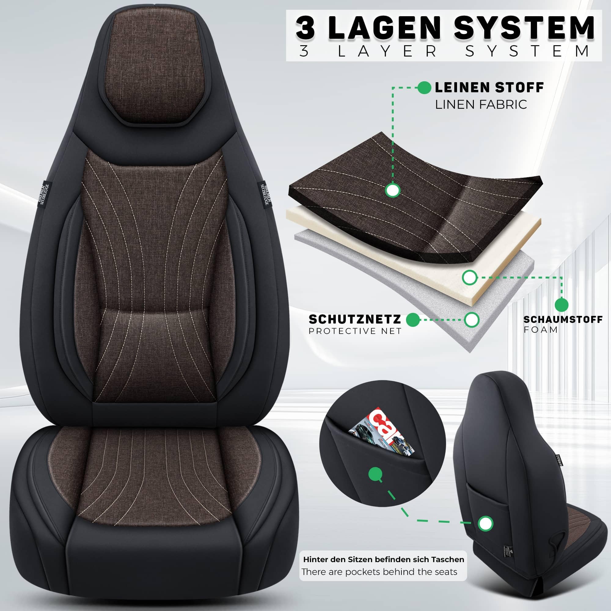 BREMER SITZBEZÜGE kompatybilne z VW Polo 9N rok produkcji 2001-09 kompatybilne pokrowce w kolorze czarnym/brązowym C12