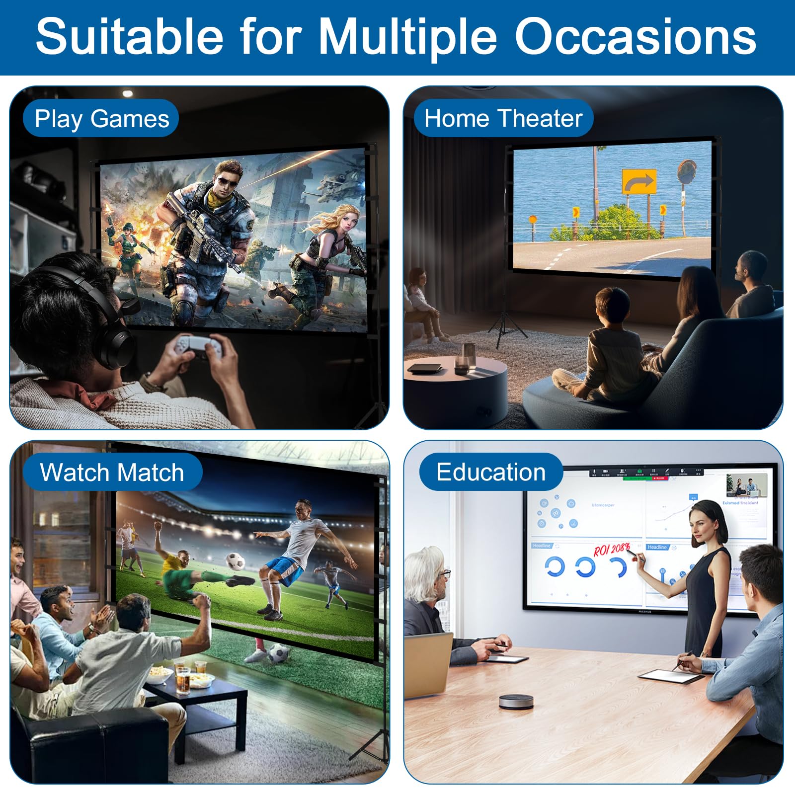 Beamer Leinwand mit Stativ, 120 Zoll Projektor Leinwand Tragbare Outdoor Kino, Faltenfrei 16:9 HD Rear Front Garten Projektion mit Tragetasche für Camping Home Party Theater Nächte