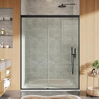 Shower Door 72'' x 56-60'' - 1/4"(6mm) Clear SGCC Tempered Glass, Semi-Frameless Glass Shower Door with Stainless Steel Handles, Reversible Installation, Matte Black Finish