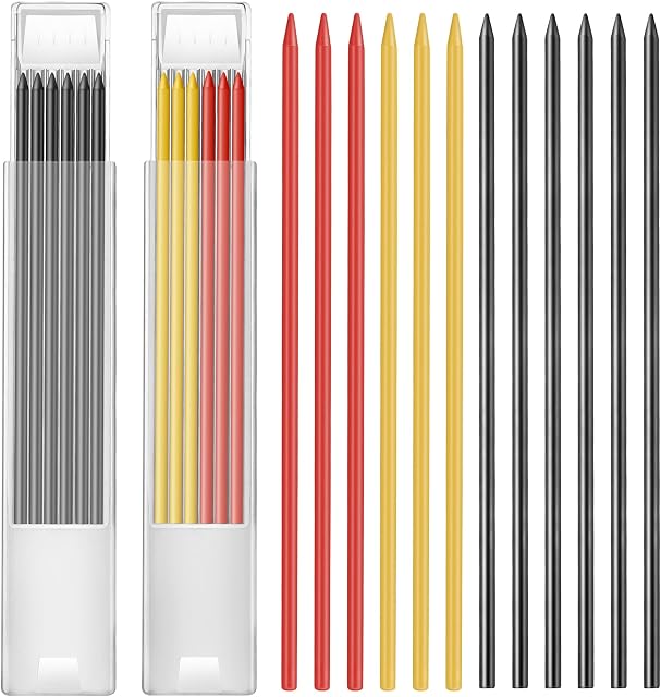 12 Pieces Solid Carpenter Pencil Refills for Constructions, 2.8 mm Deep Hole Mechanical Pencil Replacements Grey Red Yellow Colored Pencil Refills for Scriber Wood Floor Marking Architect Drawing