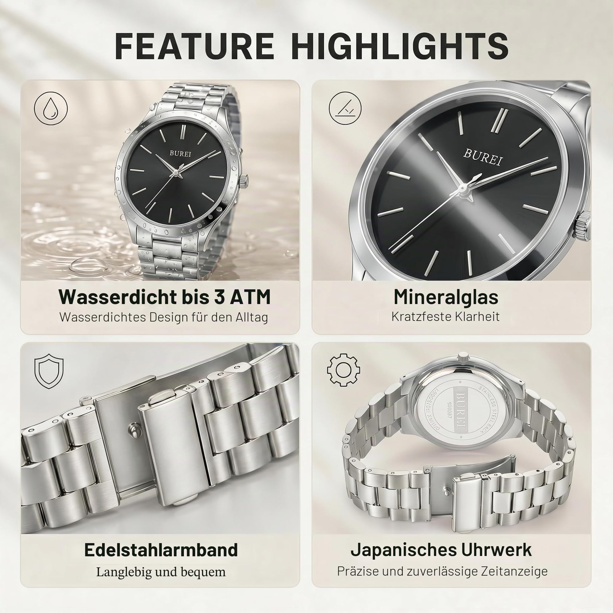 BUREI Modische Herren-Armbanduhr aus Edelstahl, Quarz-Armbanduhr mit japanischem Uhrwerk für Herren, Klassische Luxus-Uhr, 42 mm