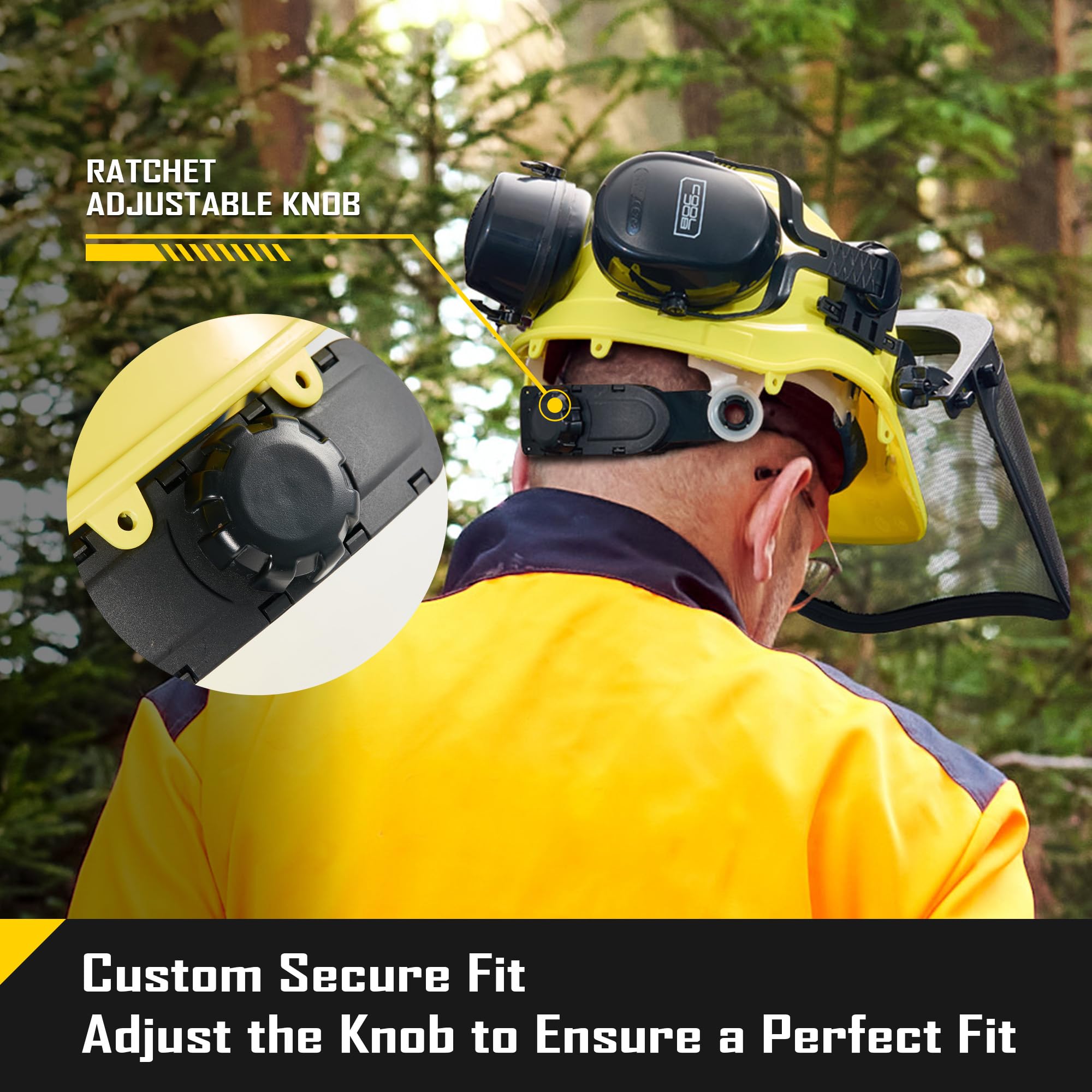 COOLJOB Casco de motosierra de seguridad con protector facial de malla de metal, orejeras ajustables para protección, casco duro 3 en 1 para silvicultura