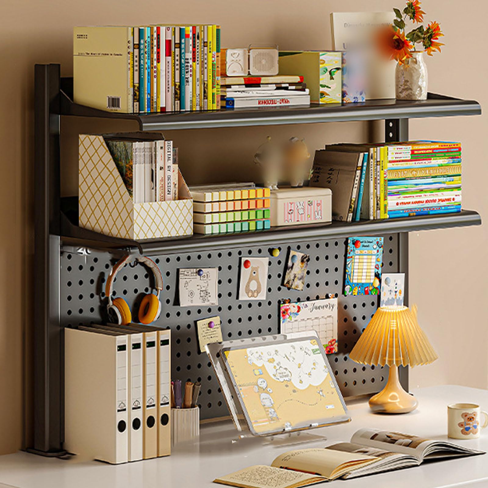 Desk Organizer Shelf Clip On for Home Office Storage, Clamp On Desktop Shelf with Perforated Board and Hooks - Storage Box, Shelving Unit