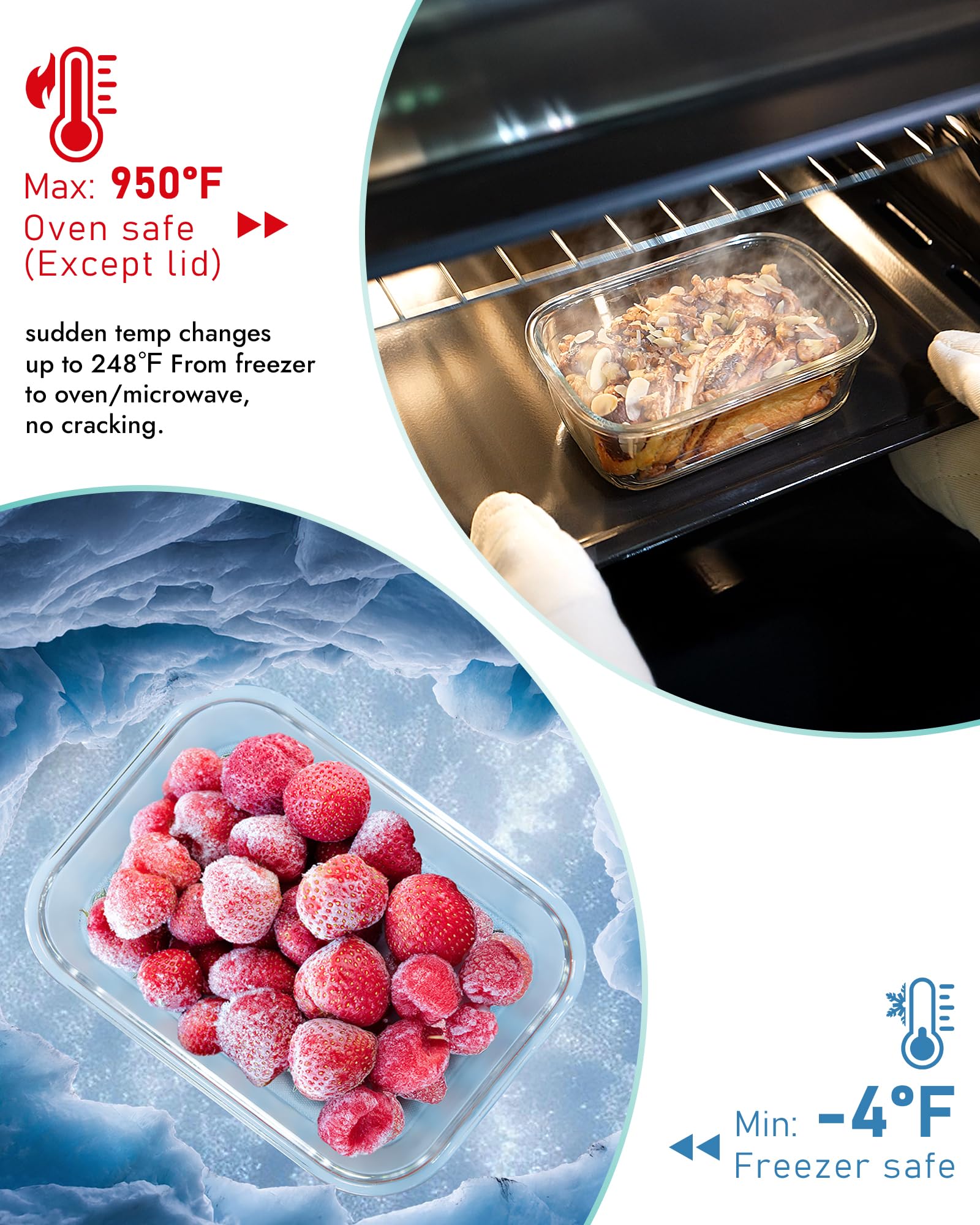 Set di 8 contenitori per alimenti in vetro borosilicato con coperchi ermetici, adatti per forno, microonde e freezer, a prova di perdite, senza BPA, per cottura al forno, preparazione dei