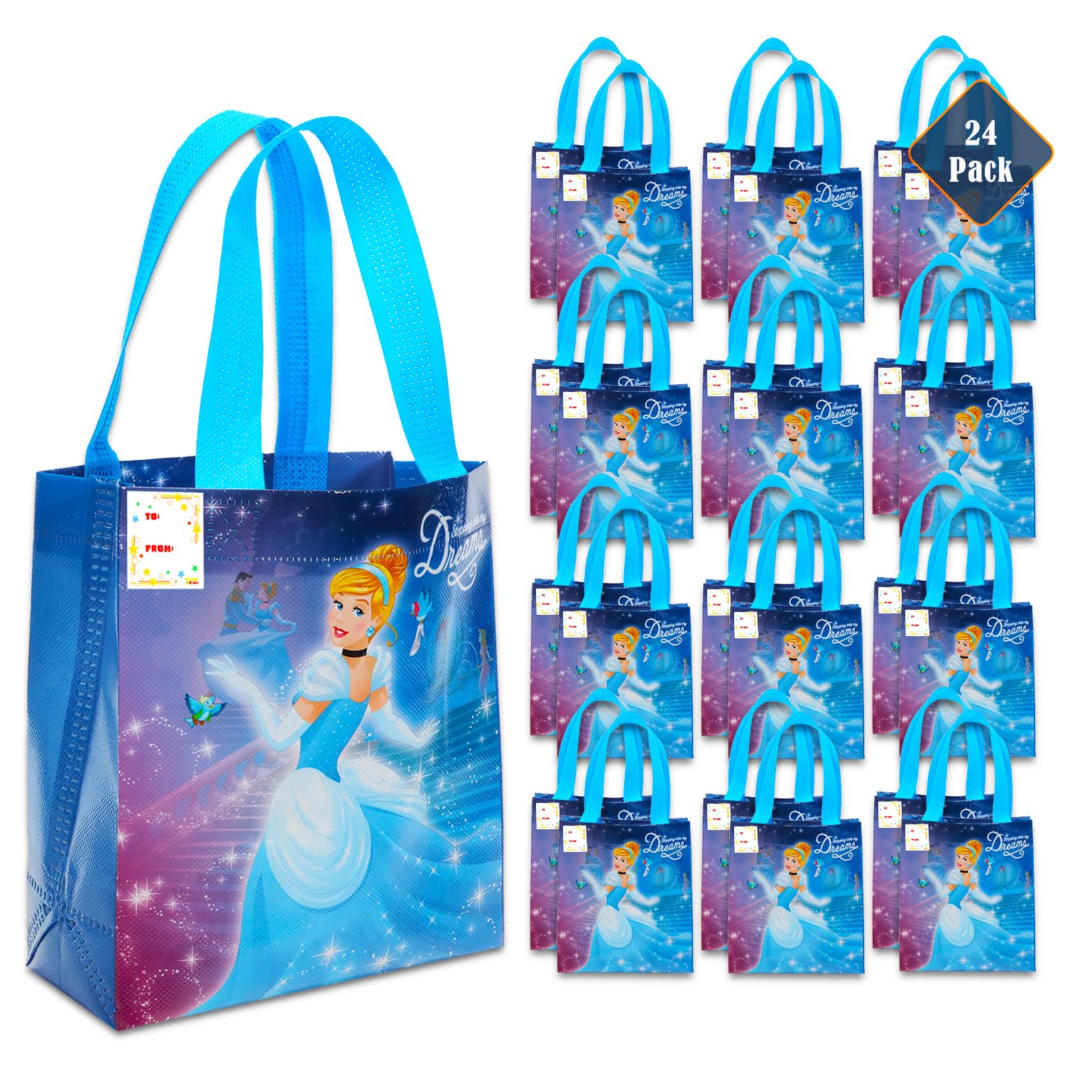 Cinderella Party Favor Bags Set – 24 Pack of 8" Cinderella Party Goodie Bags for Kids Bulk Reusable Mini Totes | Disney Birthday Party Supplies