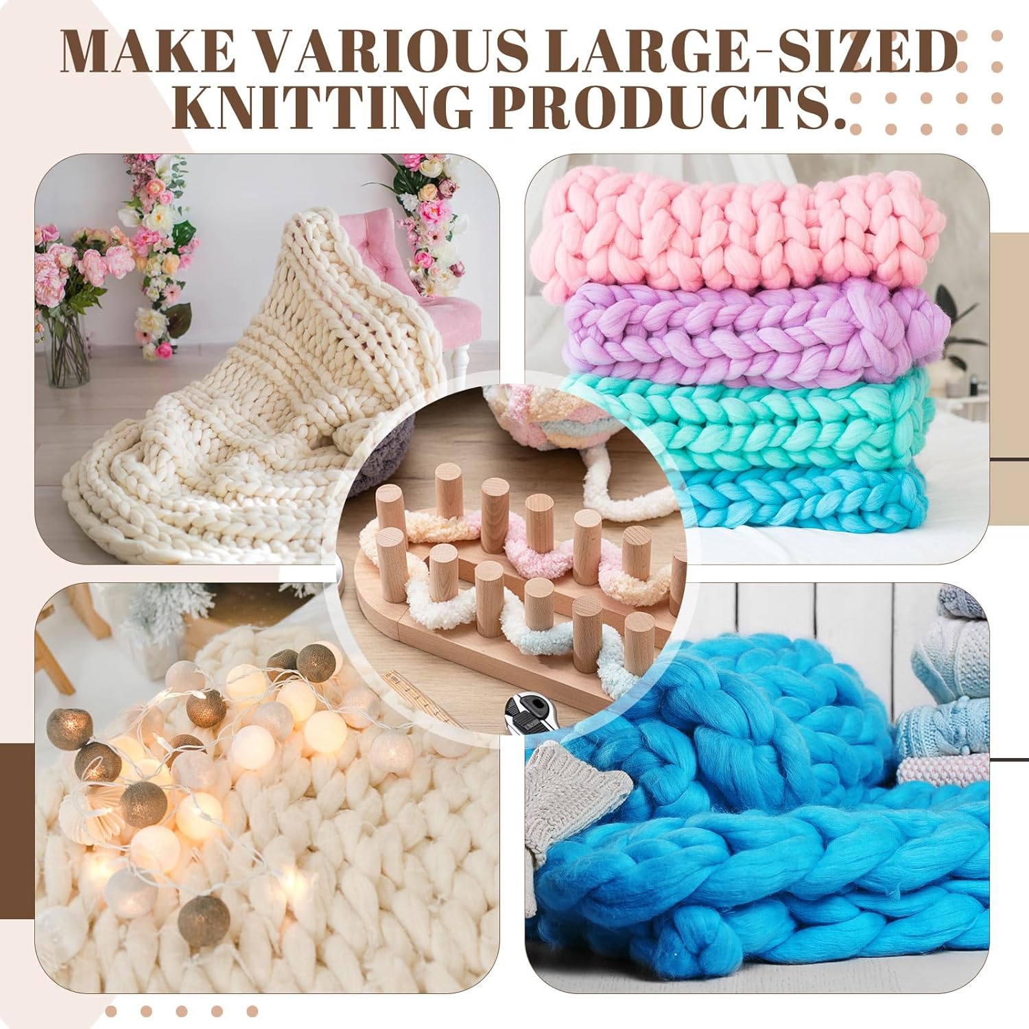 Novabright Fiwochic 32 Inch Chunky Yarn Blanket Loom Kit Adjustable Beech Wooden Frame No Needle Hand Knitting for Thick Yarn Projects DIY Beginners Craft Gift