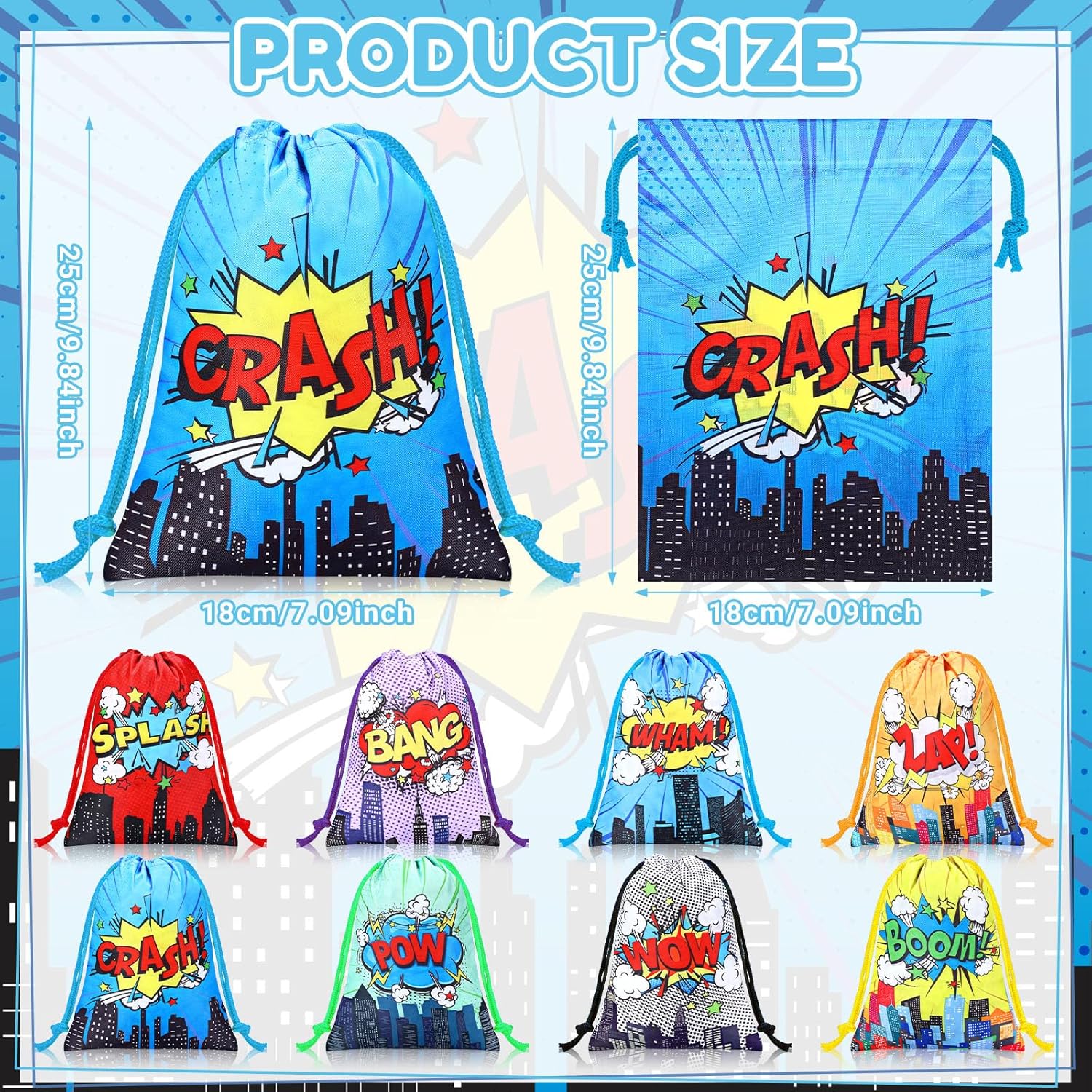 Honoson 16 Pieces Hero Party Gift Bags 7.09 x 9.84 Inches Colorful Hero Goodie Candy Treat Bags Boom Splash Comic Drawstring Pouchs for Classroom Reward Prize Birthday Baby Shower Party Supplies - Image 2