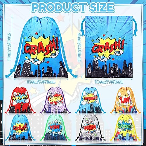 Miniatura 2 de Honoson 16 bolsas de regalo de fiesta de héroe, bolsas con cordón de temática de héroe, bolsas de regalo de héroe de cómic, bolsas de dulces para