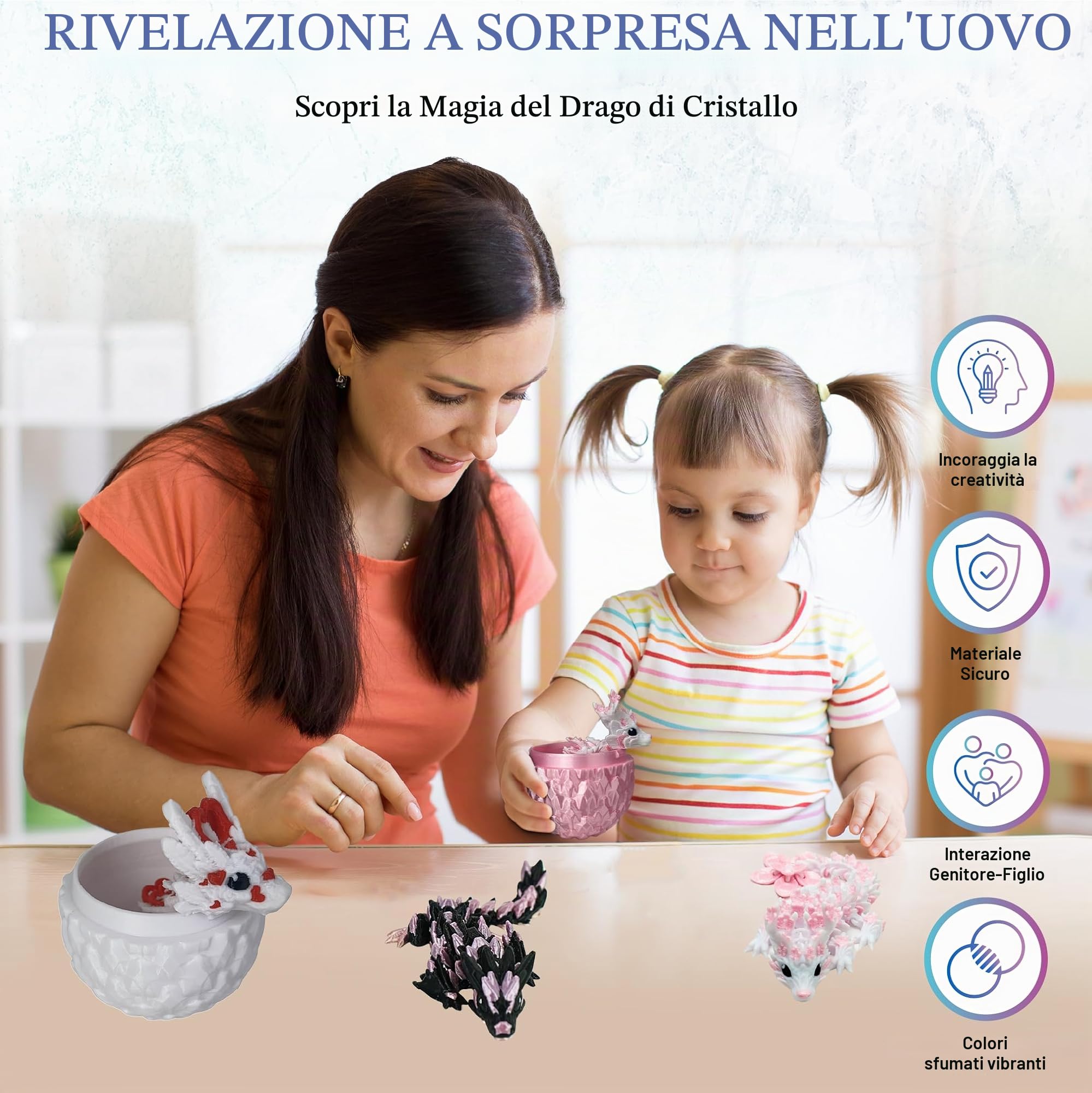 3 piccoli draghi cristalli articolati carini con il loro uovo stampati in 3D Pack decorazione universo fantasy Fidget giocattolo idea regalo unica decorazione per la casa, camera da letto, soggiorno