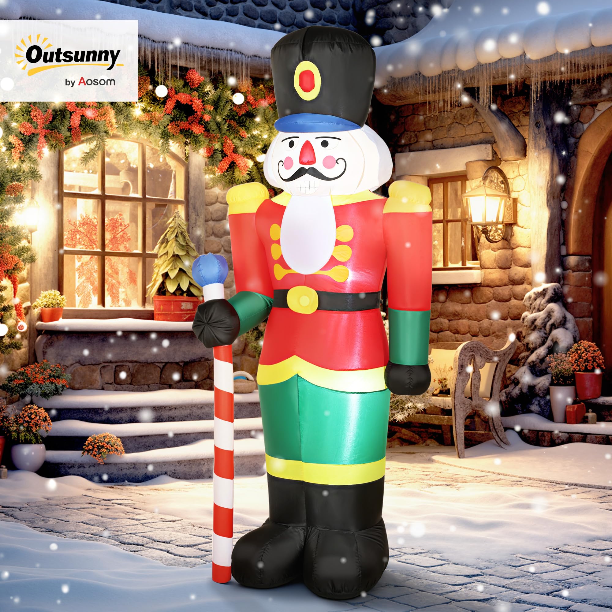Outsunny Soldat Casse-Noisette Gonflable de Noël 245 CM avec lumières LED | Avec Sceptre, Polyester Imperméable, Déco Noël Gonflée Lumineuse, Intérieur, Extérieur