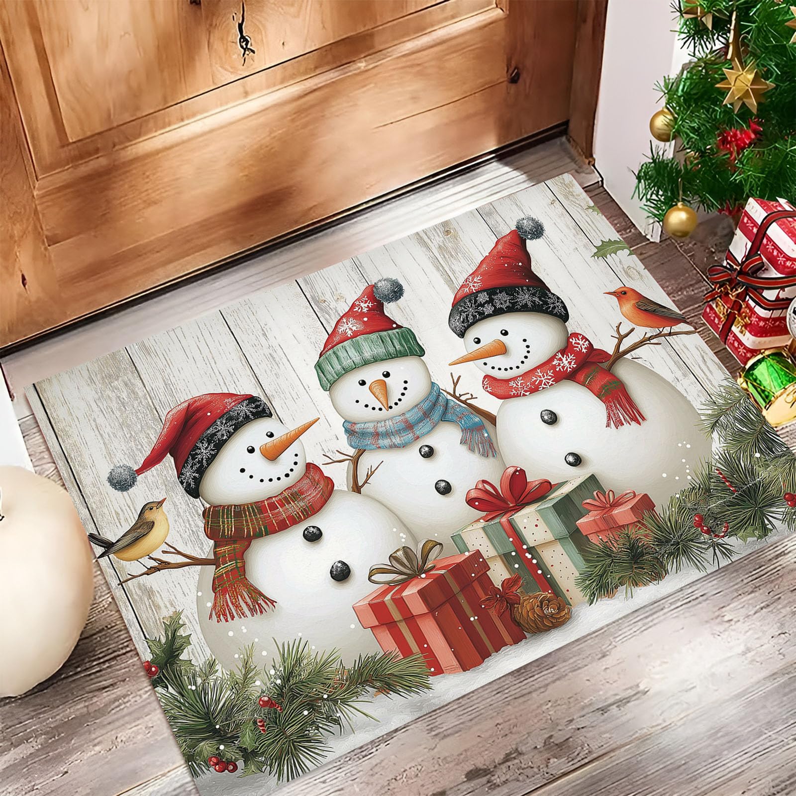 Tapis Bonhomme Neige Noël Peint À La Main 90X150Cm En Fausse Laine Beige Pour Salle De Bain Cuisine, Petit Paillasson D'Entrée D'Intérieur, Effet Bois Vieilli, Tapis De Sol Antidérapant Lavable