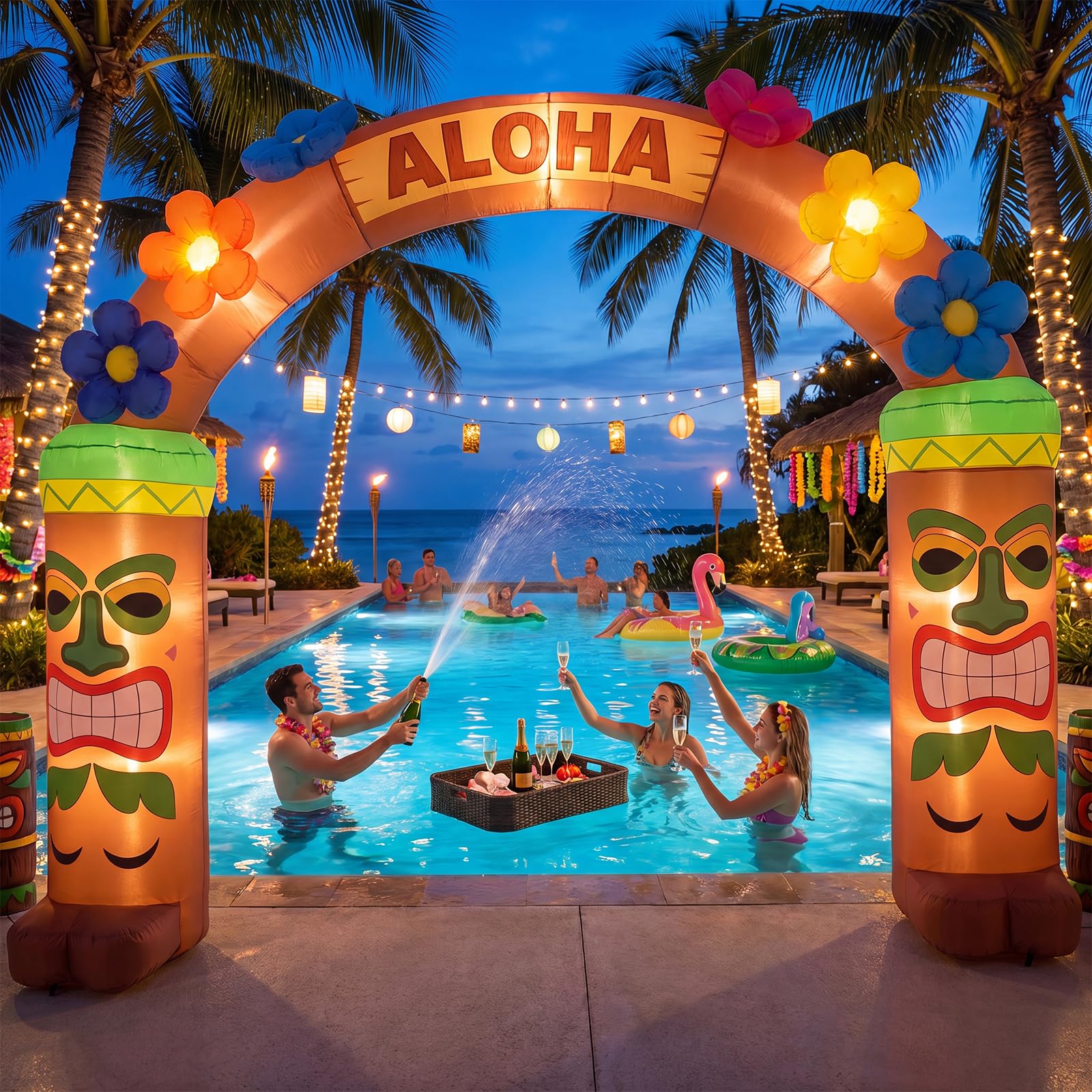 Arco gonfiabile Luau hawaiano da 3 m, decorazione estiva illuminata a LED, decorazione estiva Aloha Tiki per feste, per l'estate, tropicale, spiaggia, piscina, interni ed esterni, prato