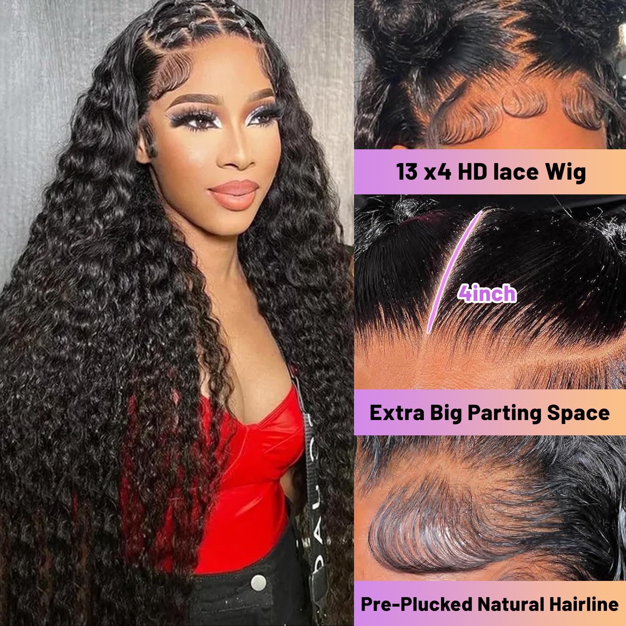 LAPIALA Deep Wave Lace Front Wigs Human Hair 13x4 HD Glueless Lace Front Wigs Human Hair Pre Plucked 180% Density Deep Curly Human Hair Wig for Women 26 Inch