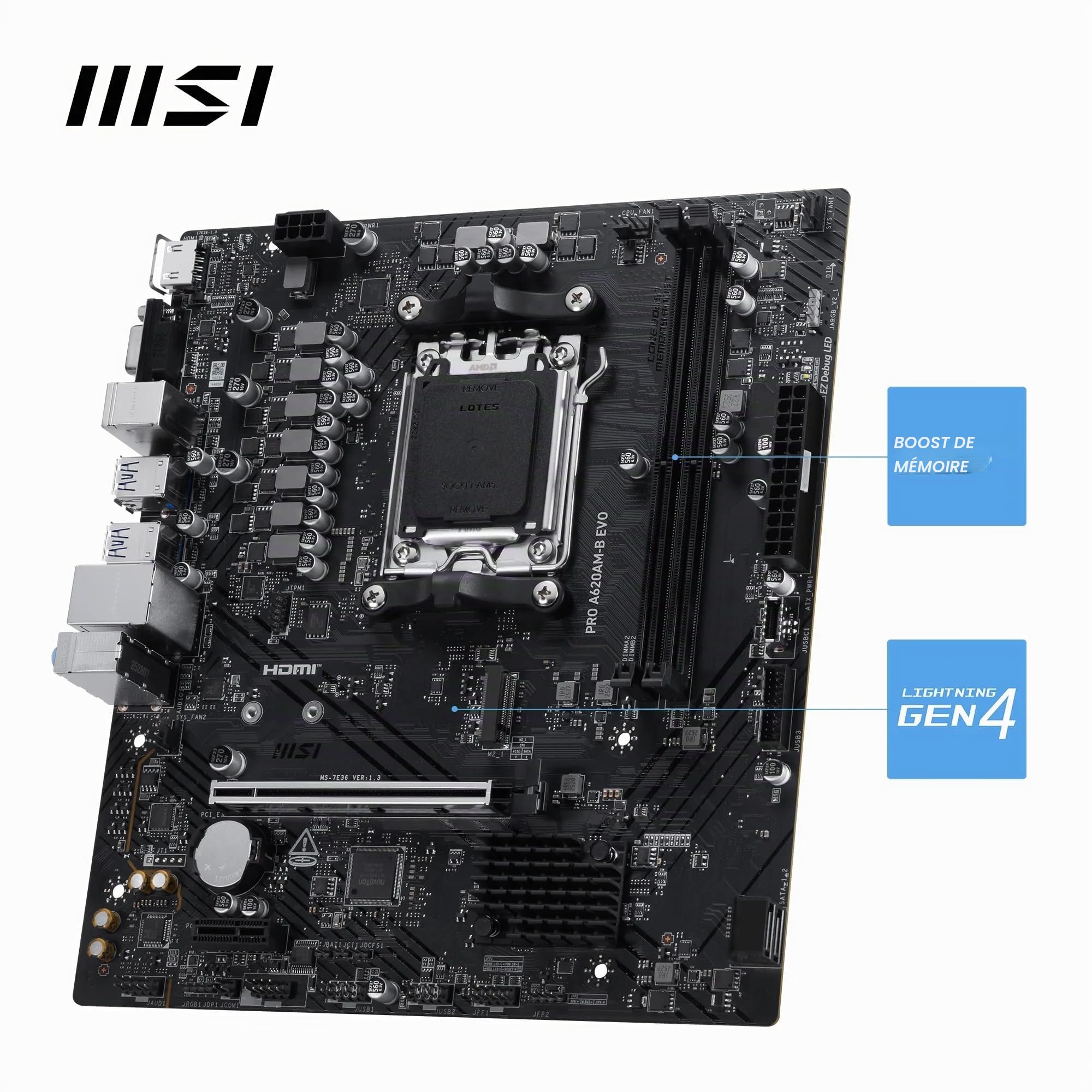 MSI Pro A620AM-B Evo Carte mère, Micro-ATX, pour processeurs AMD Ryzen 9000, 8000 & 7000, AM5 – DDR5 Memory Boost (6800+MHz/OC), 1 x PCIe 4.0 x16, 1 x M.2 Gen4