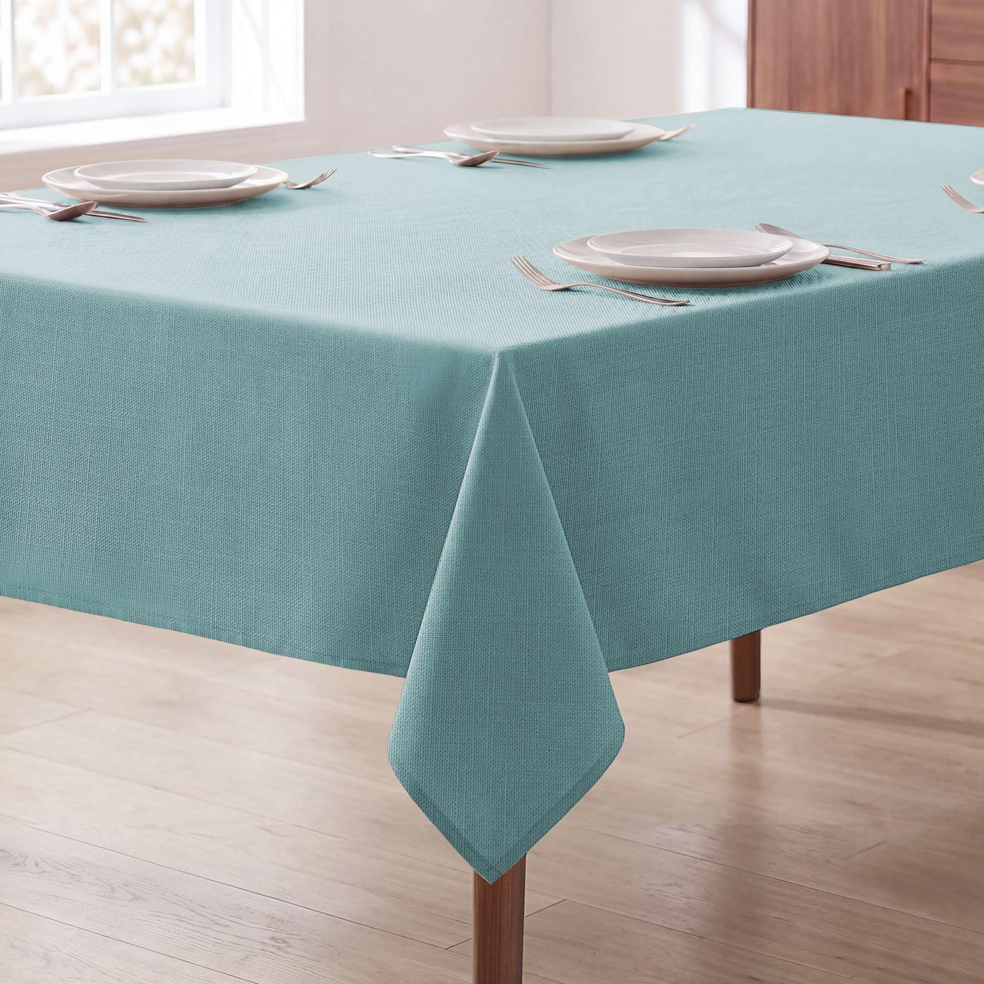 Photo 1 of H.VERSAILTEX Linen Textured Table Cloths 60 x 60 Inch Premium Solid Tablecloth Spill-Proof Waterproof Table Cover for Dining Buffet Feature Extra Soft and Thick Fabric Wrinkle Free, Aqua
