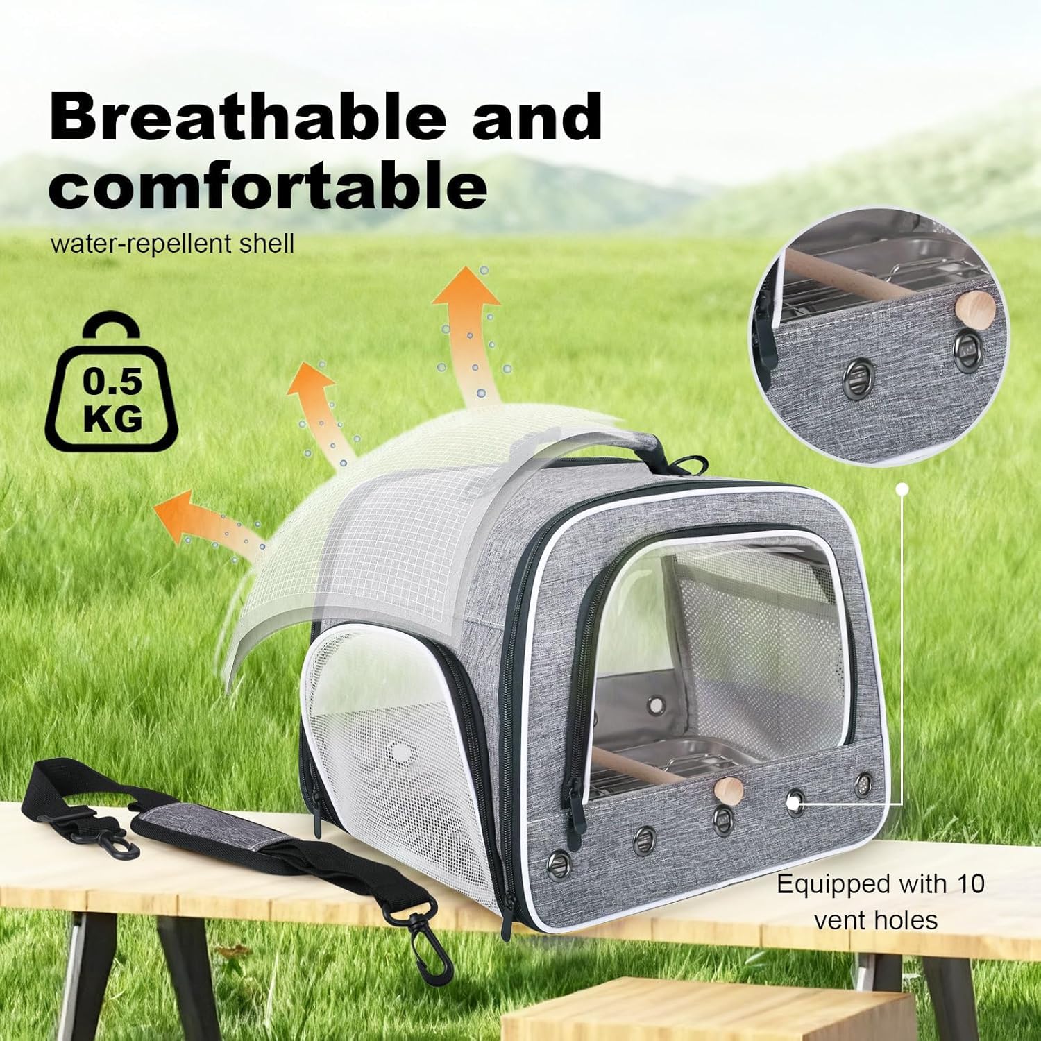 Vogeltrage zum Transport großer Papageien, tragbare Tasche mit Metallschale und Gitter für mittelgroße und große Vögel wie Graupapageien, Nymphensittiche und Papageien mit langem Schwanz (Grau, L)