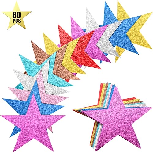 Gejoy 80 recortes de estrellas con purpurina para tablero de anuncios, decoración de pared y fiesta de aula, colores ricos, 6 pulgadas de longitud