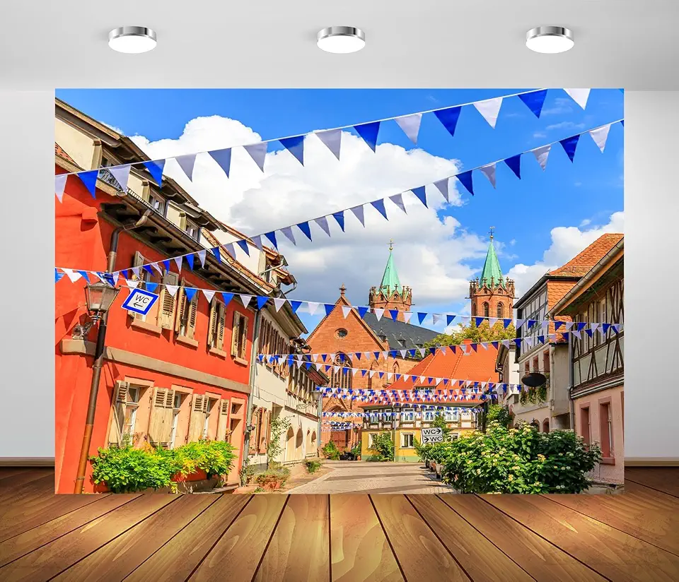 BELECO Tecido de 2,4 x 1,8 m Oktoberfest, Alemanha, Baviera, Town Street, com bandeiras da Baviera, cenário de festival de cerveja Rothenburg ob der Tauber, decoração de festa de carnaval de Munique,