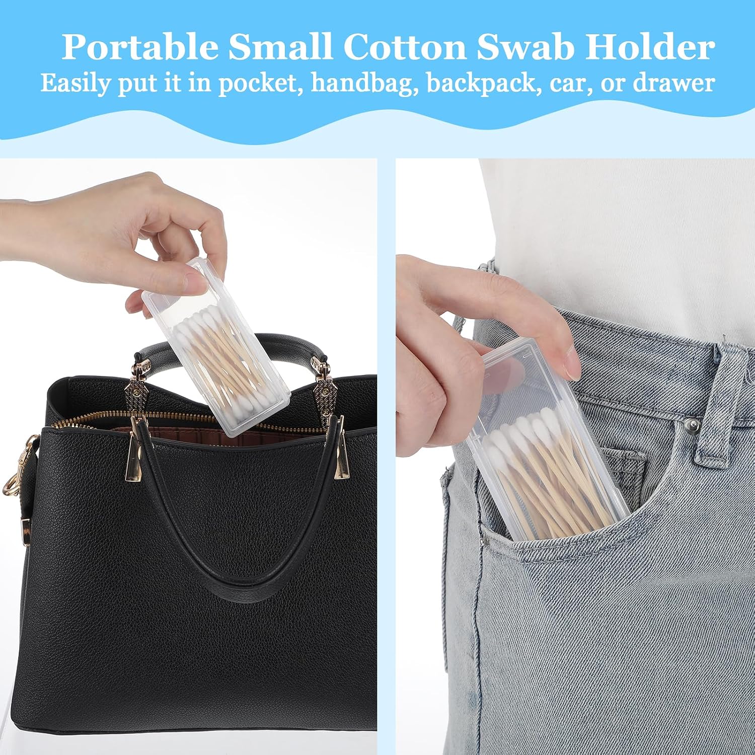 2 PCS Cotton Swab Holder for Travel, Small Portable Travel Cotton Swab Holder Clear Plastic Cottons Swabs Case Portable Holders with Dustproof Lid for Cottons Rounds, Swabs, Floss