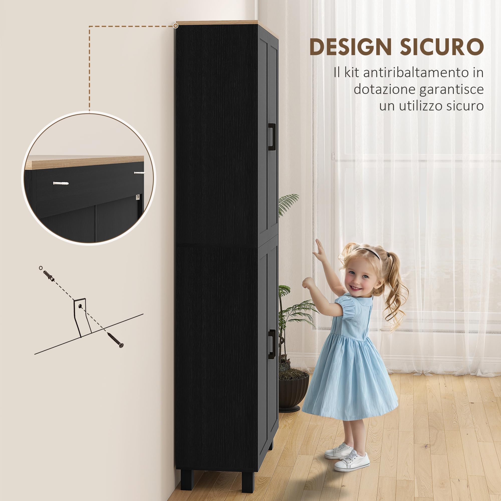 HOMCOM Credenza Cucina Alta, Mobile Dispensa con 4 Ante, 2 Armadietti, 5 Ripiani Regolabili, Mobile Cucina Moderno per Sala da Pranzo Soggiorno, 60x30x170.5 cm, Nero