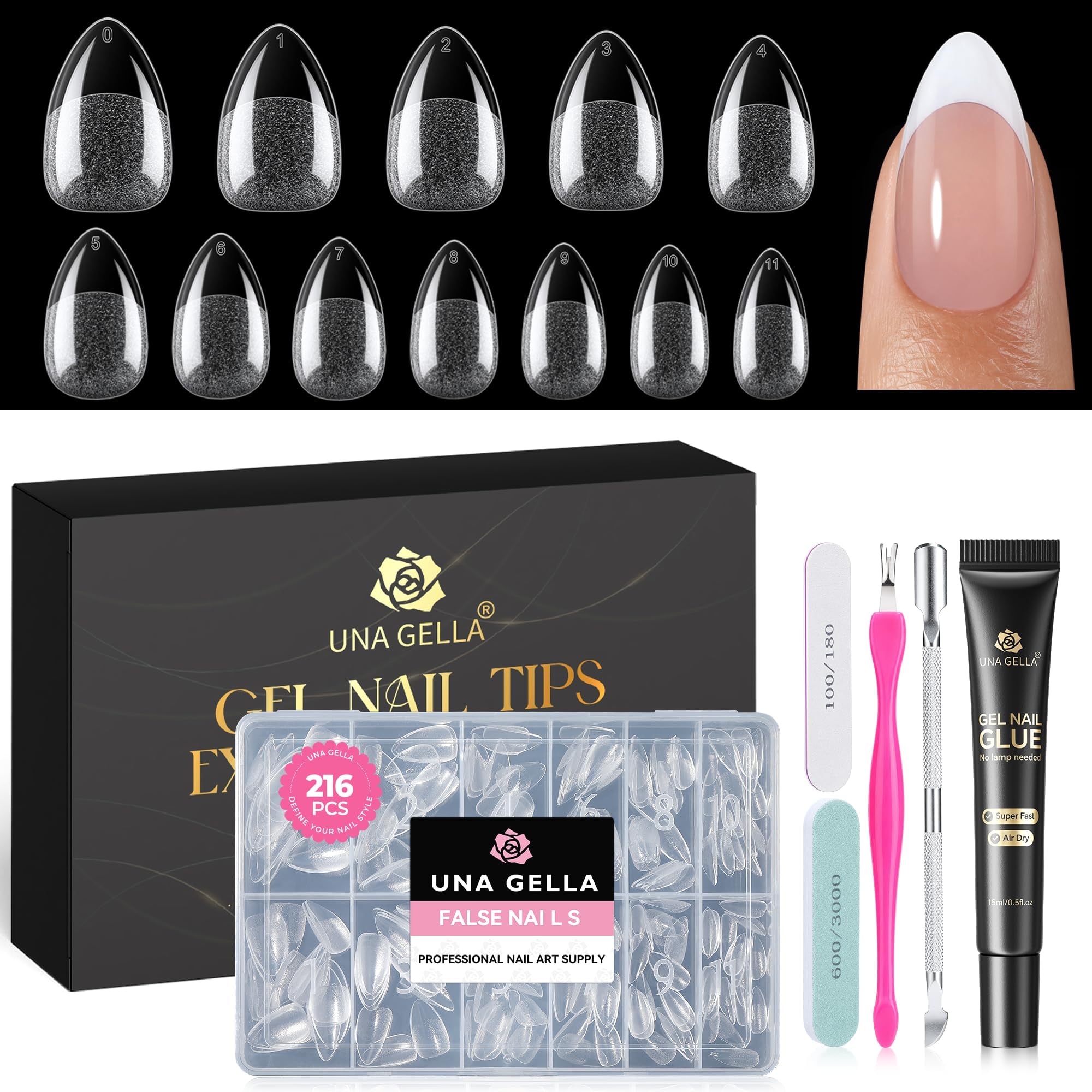 - Short Almond Gel Nail Tips Kit Strong, Air Dry No Uv Lamp Needed Nail Tips and Glue Kit, 216Pcs Pre-etched Soft Gel Fake Nails with Air Dry Nail Glue for Beginners DIY Manicure ALL-IN-ONE