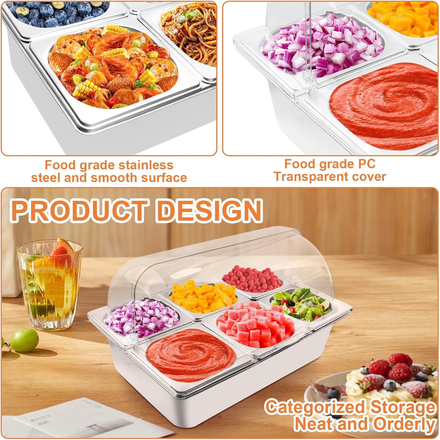 Countertop Food Serving Display Container with Clear Roll Top Cover, Catering Supplies Buffet Display, Perfect Salad Bar Buffet Station for Home and Catering Supplies, Cold Food Buffet Server(6 Pan)