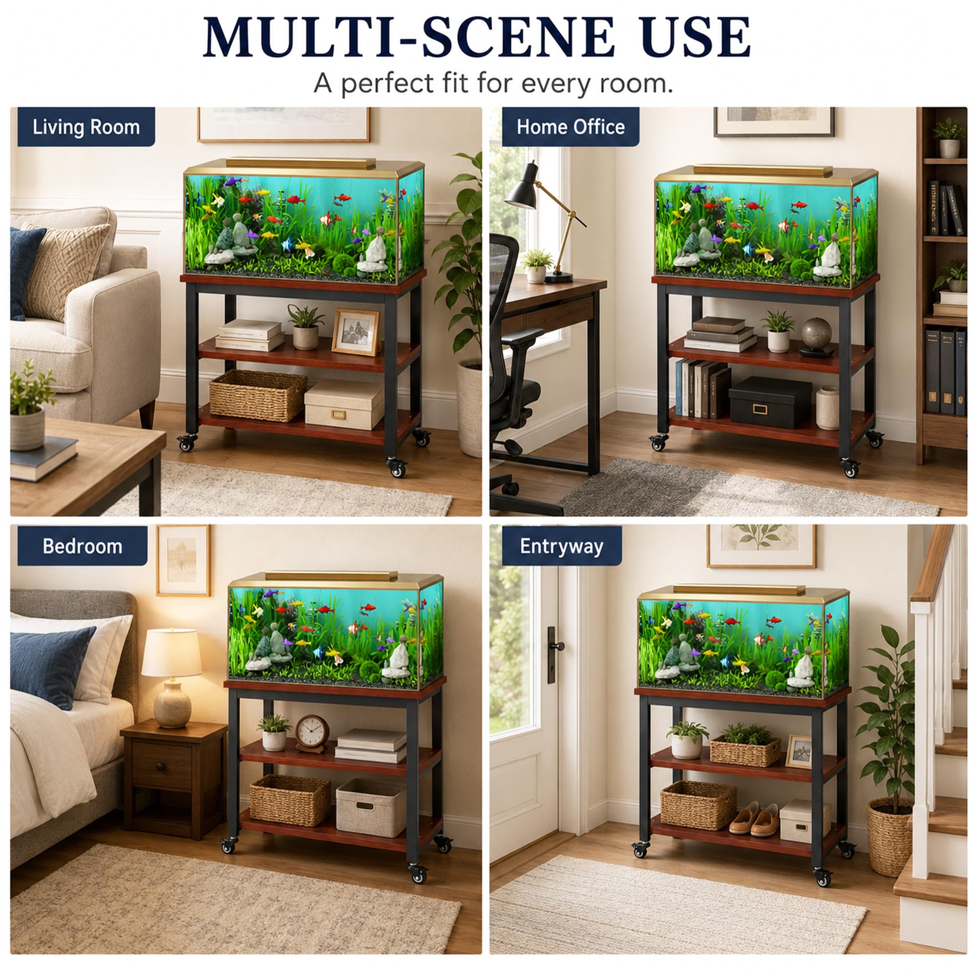 JSWHYBD Mueble soporte pecera terrario resistente con ruedas | Mesa doble nivel almacenamiento para peces tortugas reptiles, exhibición salón oficina dormitorio(G,150L)