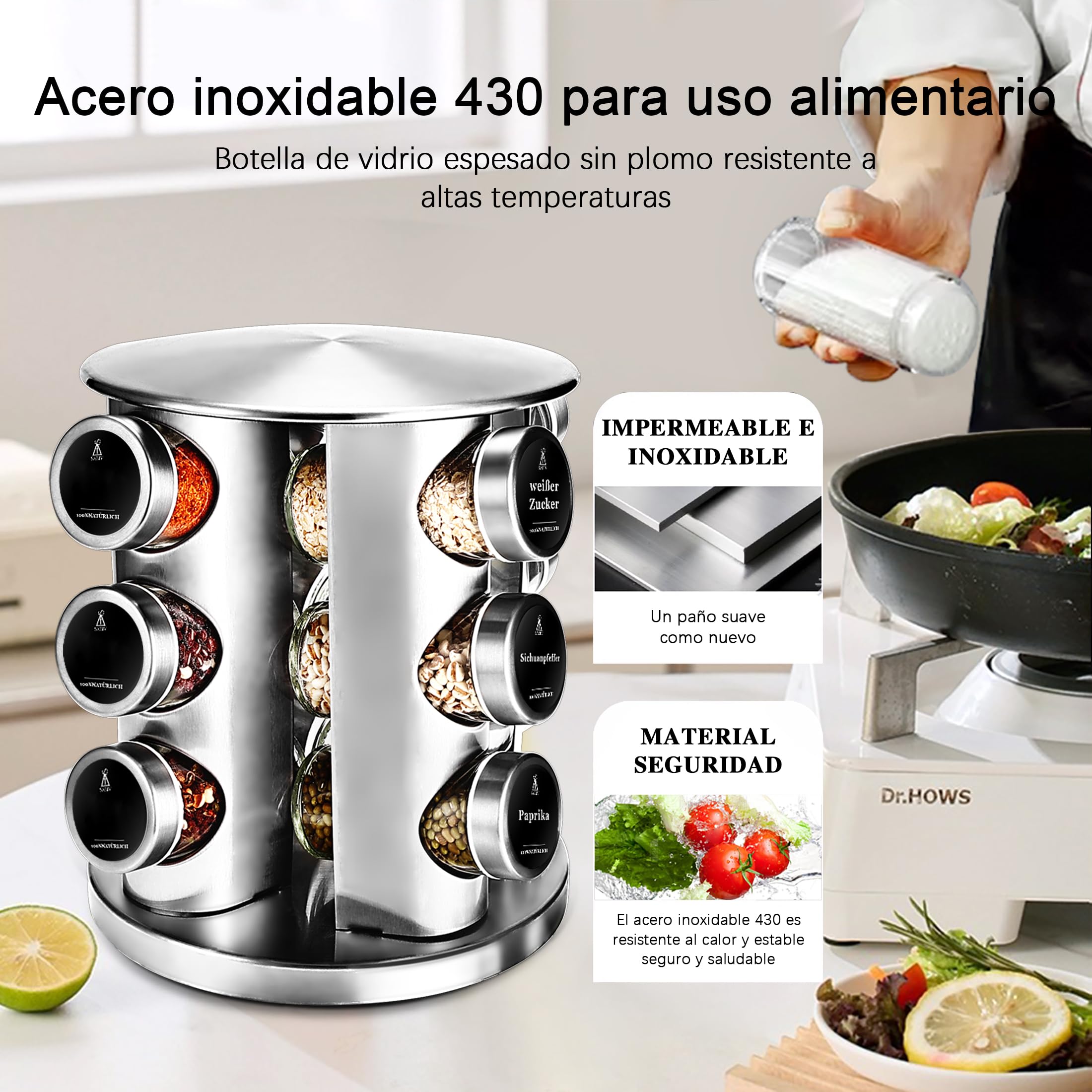 Estante giratorio para especias de 360° con 12 tarros de cristal (100 ml), organizador de especias con tapas de acero inoxidable, soporte giratorio para especias para encimeras y cajones de cocina
