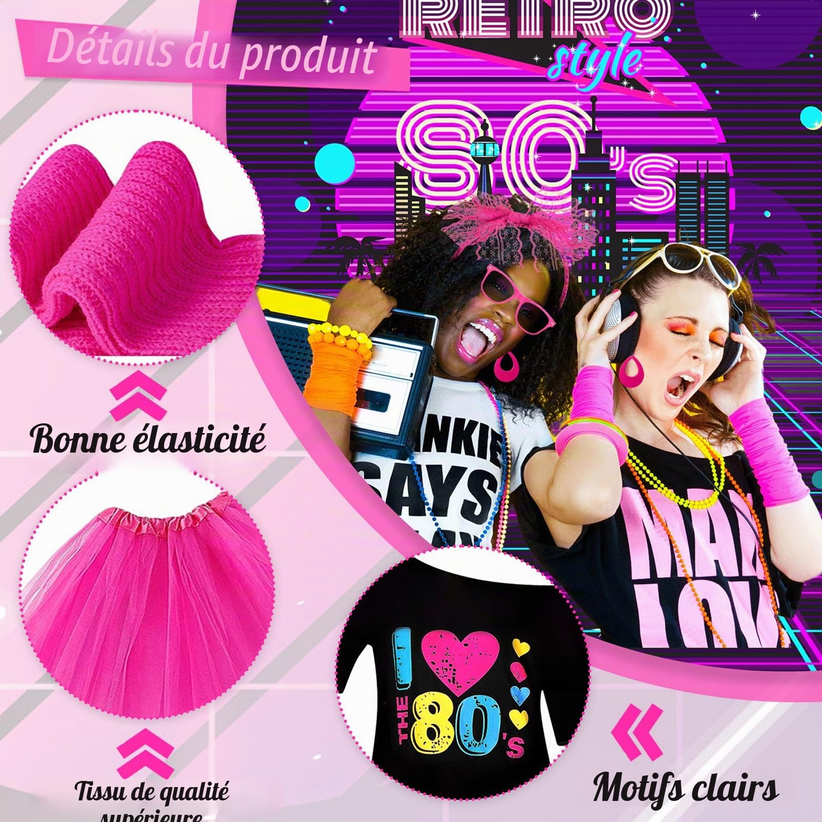 Ensemble d'accessoires de costume des années 80 pour femme avec t-shirt, jupe tutu, bandeau, boucles d'oreilles, collier, lunettes, bracelet, gants en résille et jambières pour fête rétro