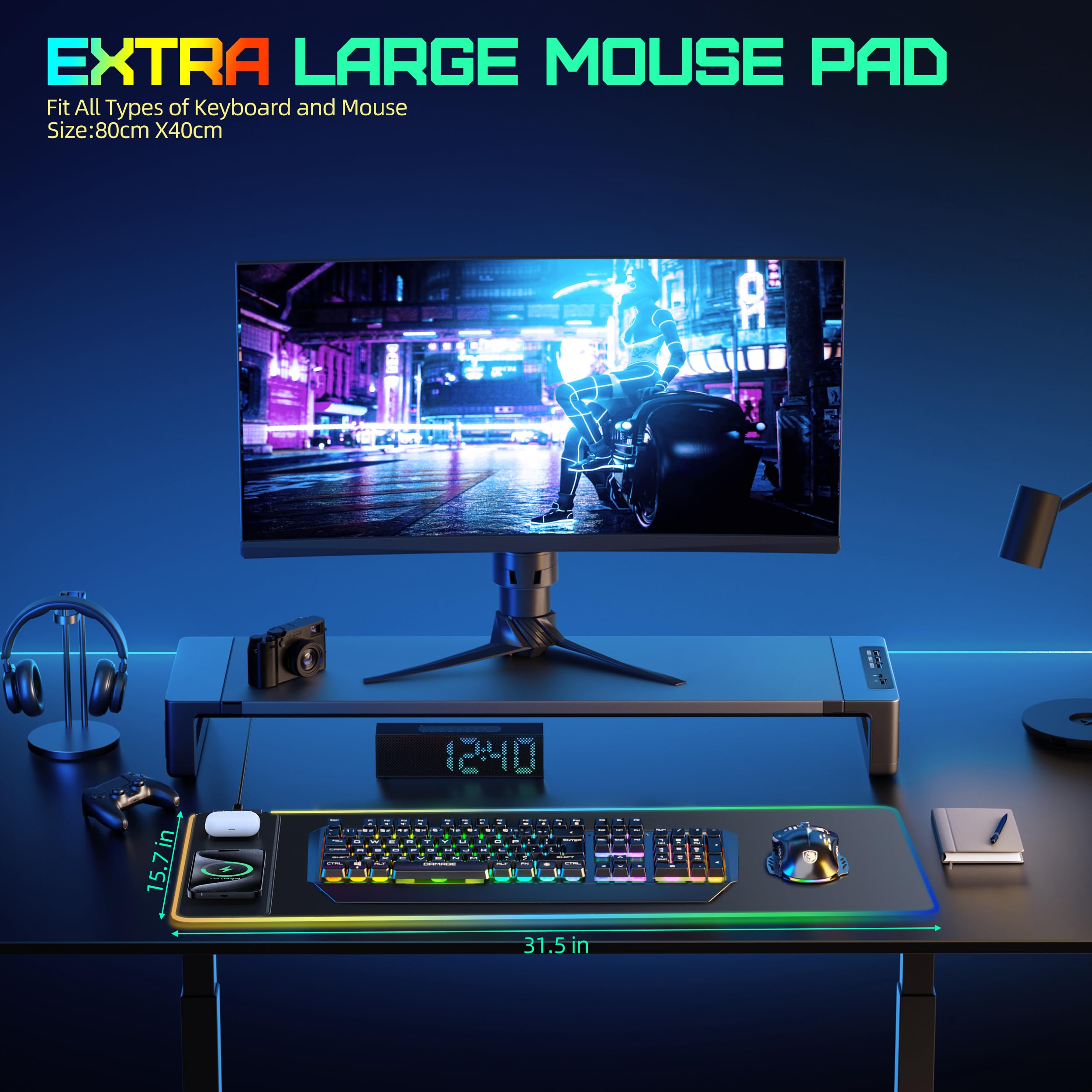 Alfombrilla de mouse RGB de carga inalámbrica para juegos, alfombrilla de mouse con carga rápida de 15 W, alfombrilla de mouse LED grande para juegos con 15 modos de luz, superficie ultrasuave