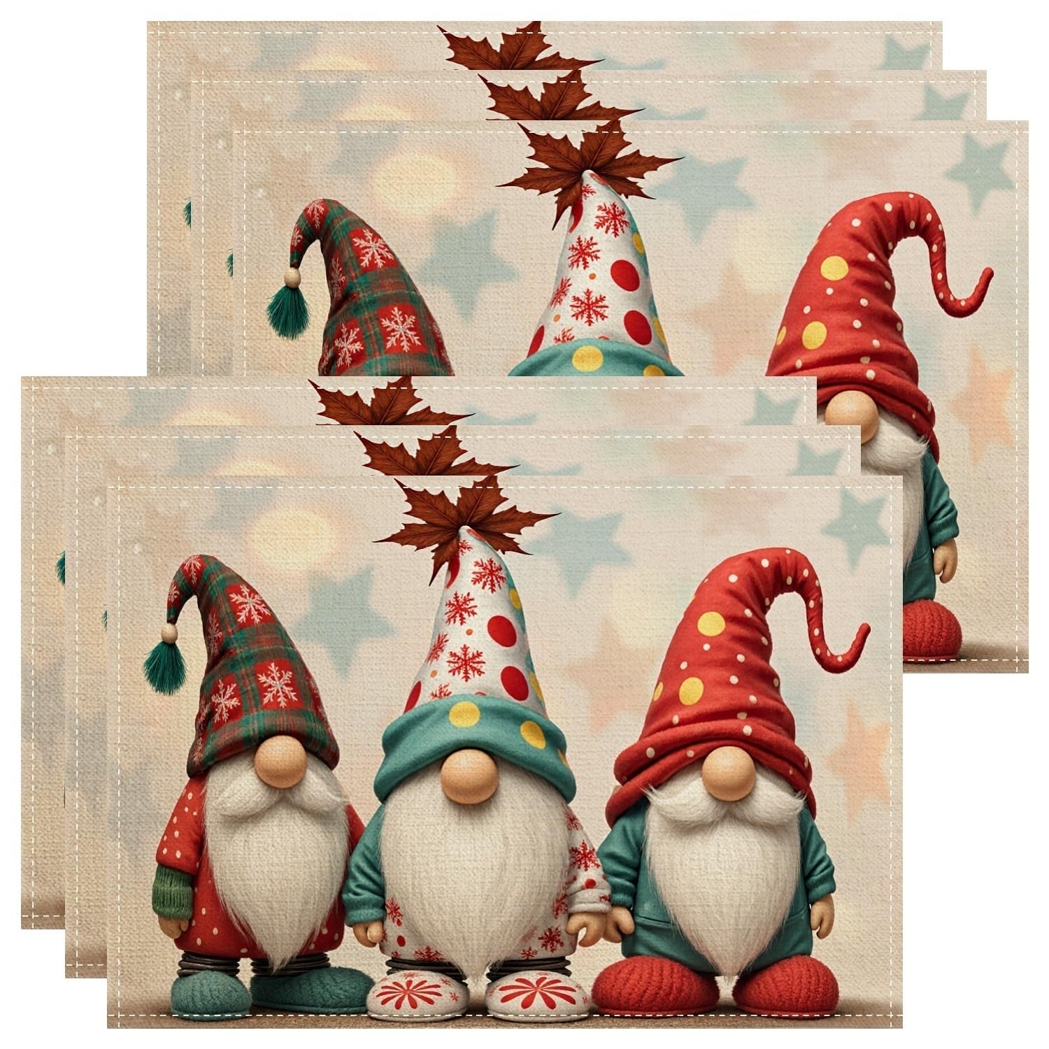 Christmas Gnome Placemats, Colorful Fanciful Holiday Place Mats for Dining Table, Festive Non-Slip Washable Indoor Outdoor Kitchen Party Decorative Placemat Set of 6