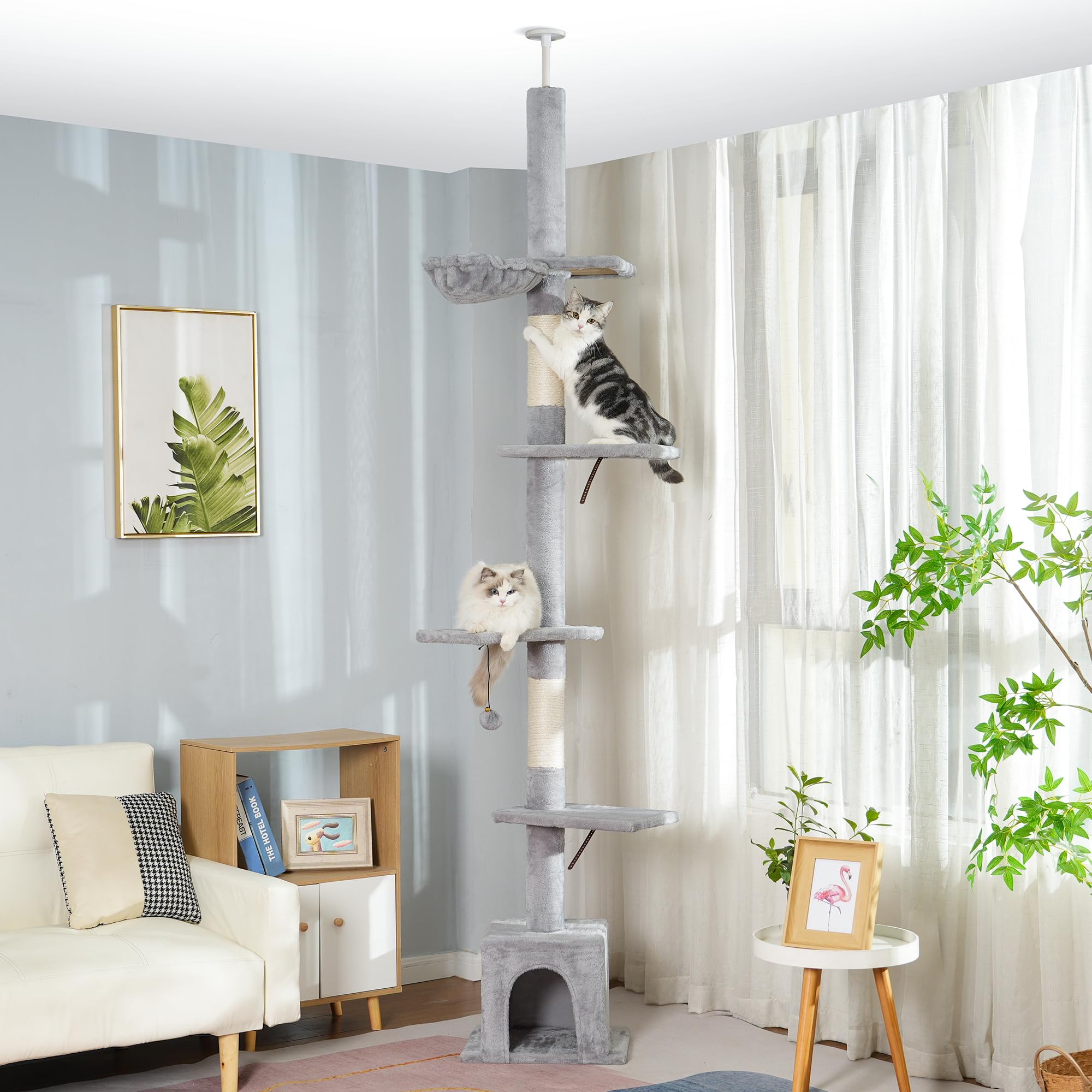Floor to Ceiling Cat Tree Tall Cat Tower with Adjustable Height (81.8-108 Inches) with Fully Scratching Post Private Condo and Hammock for Indoor Cats (Grey, Single Post)