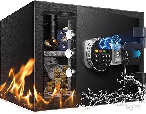 Caja fuerte ignífuga de 2.0 pies cúbicos para el hogar, caja de seguridad con bloqueo biométrico de huellas dactilares, teclado digital, estante y