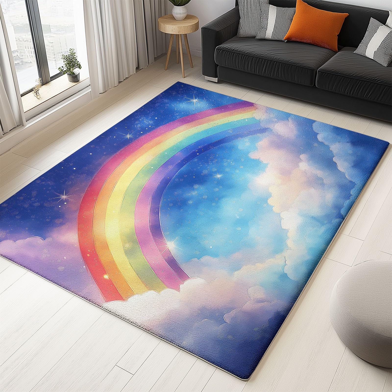 Teppich Wohnzimmer Cartoon Wolken Sterne, Bunt Weicher Kurzflor Teppich für Schlafzimmer Kinderzimmer Flur – rutschfest Pflegeleicht, Moderner Teppich für Zuhause, 80 x 150 cm
