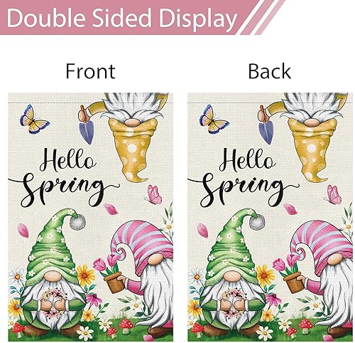 Miniatura 6 de Heyfibro Bandera de jardín de primavera y verano con gnomos de 12 x 18 pulgadas, arpillera vertical de doble cara, flores florales de mariposa para