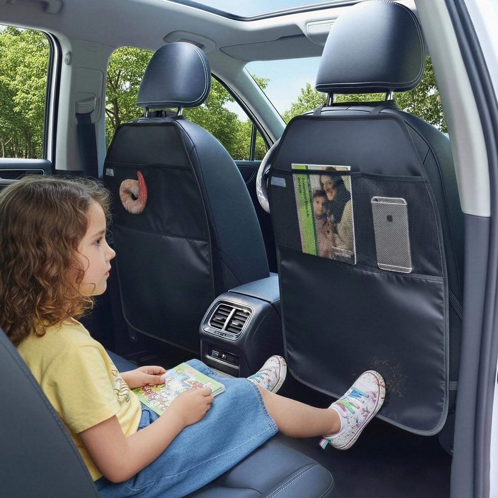 Viaviat Lot de 2 grands tapis de protection pour siège de voiture - Résistants à l'eau - Avec 2 poches en maille - Protection contre la poussière, la boue et les rayures - Noir