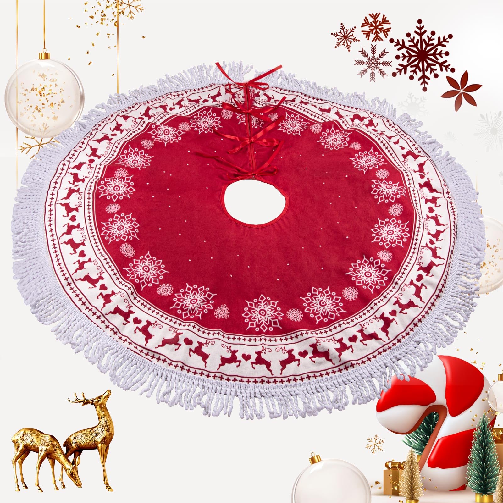 Falda Arbol Navidad 97cm, Alfombra Árbol Rojo, Cubre Pie Arbol de Navidad, Manta Tapete Bajo Tapa Pie Tela Árbol, con Borla Reno Copo de Nieve