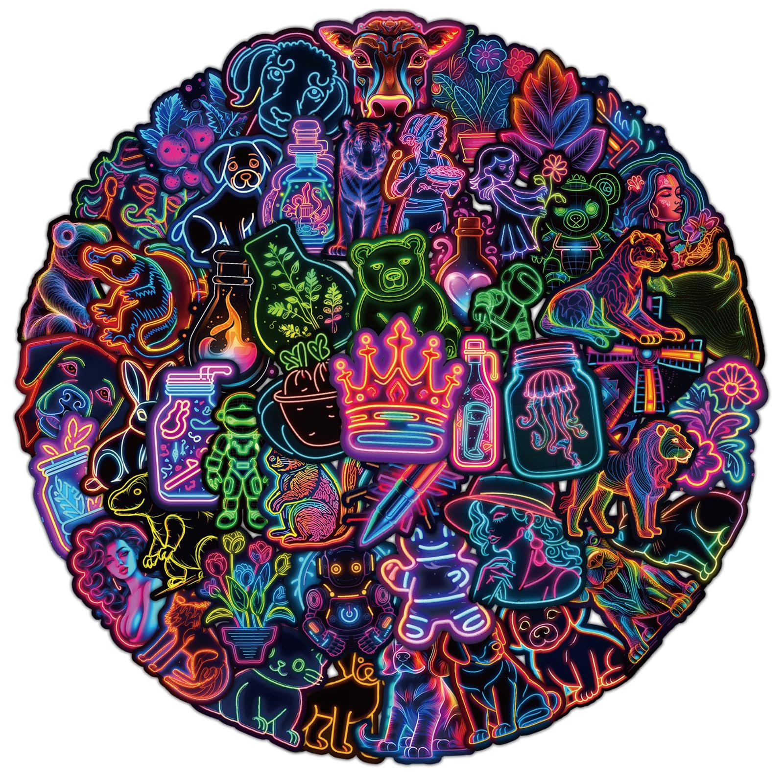 50 Pcs Kawaii Neon Stickers Pack for Water Bottles, Graffiti Stickers for Kids Teens Adults, Animals Neon Vinyl Waterproof Decals for Laptop Scrapbook