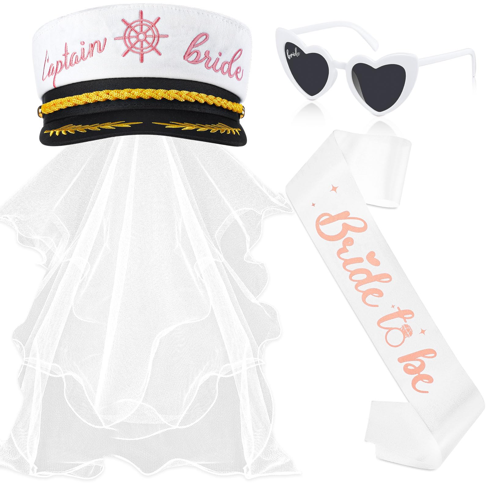 JaGely 4 accesorios de despedida de soltera para novia, sombrero de capitán con velo, gafas de sol para despedida de soltera, boda