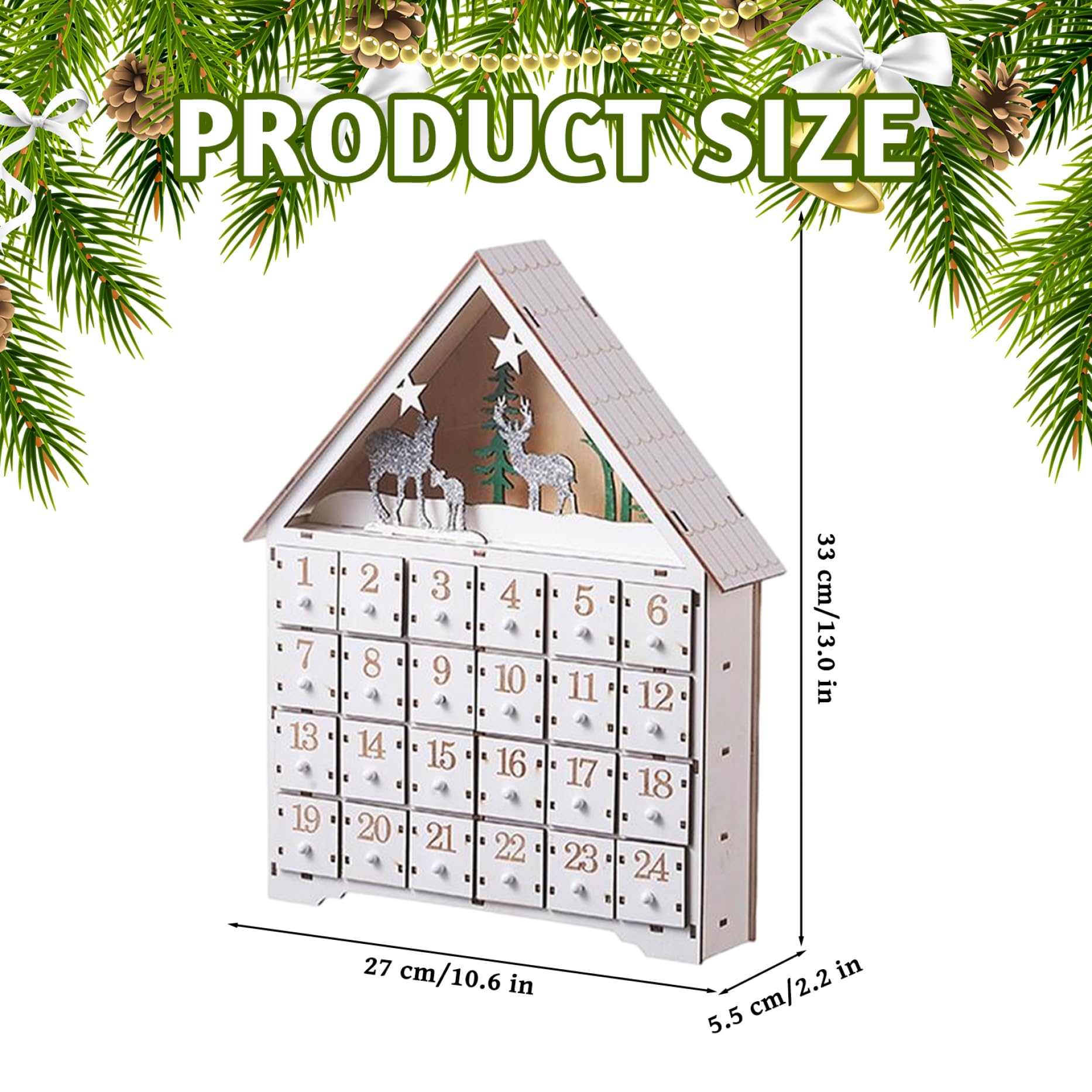 Calendario dell'Avvento in legno con cassetti e luci a LED Conto alla rovescia per 24 giorni Calendari dell'Avvento vuoti da riempire per decorazioni natalizie, Calendar
